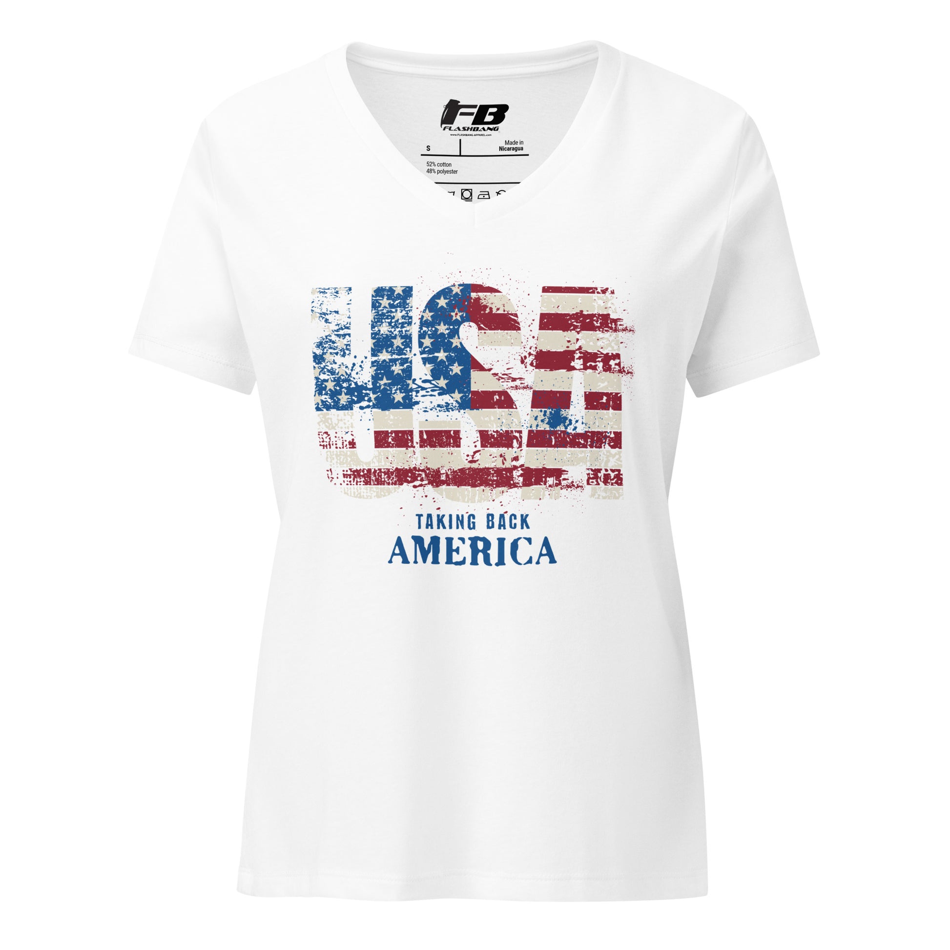 White t-shirt with American flag graphic and 'Taking Back America' text on a white background
