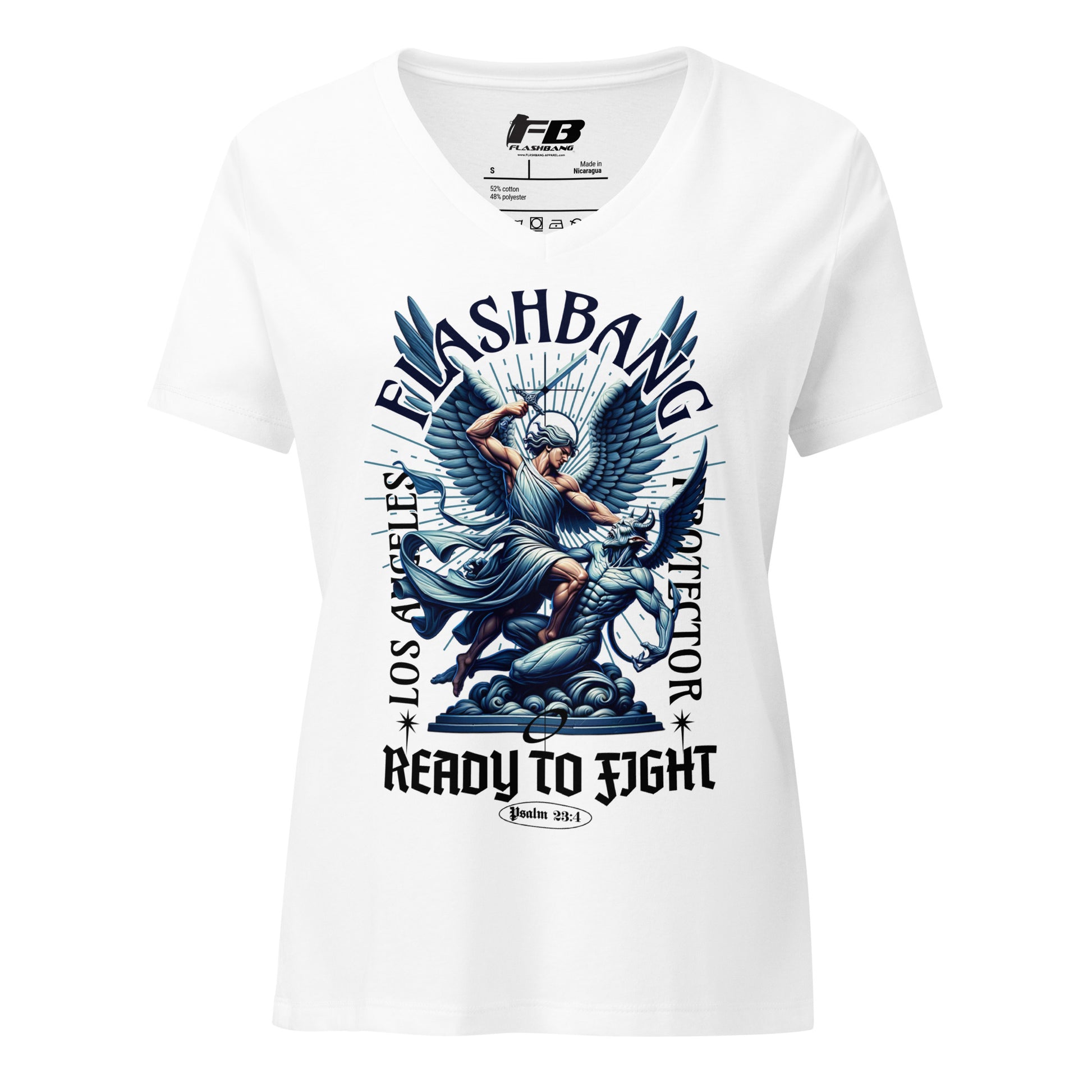 White t-shirt with graphic design and text on a white background