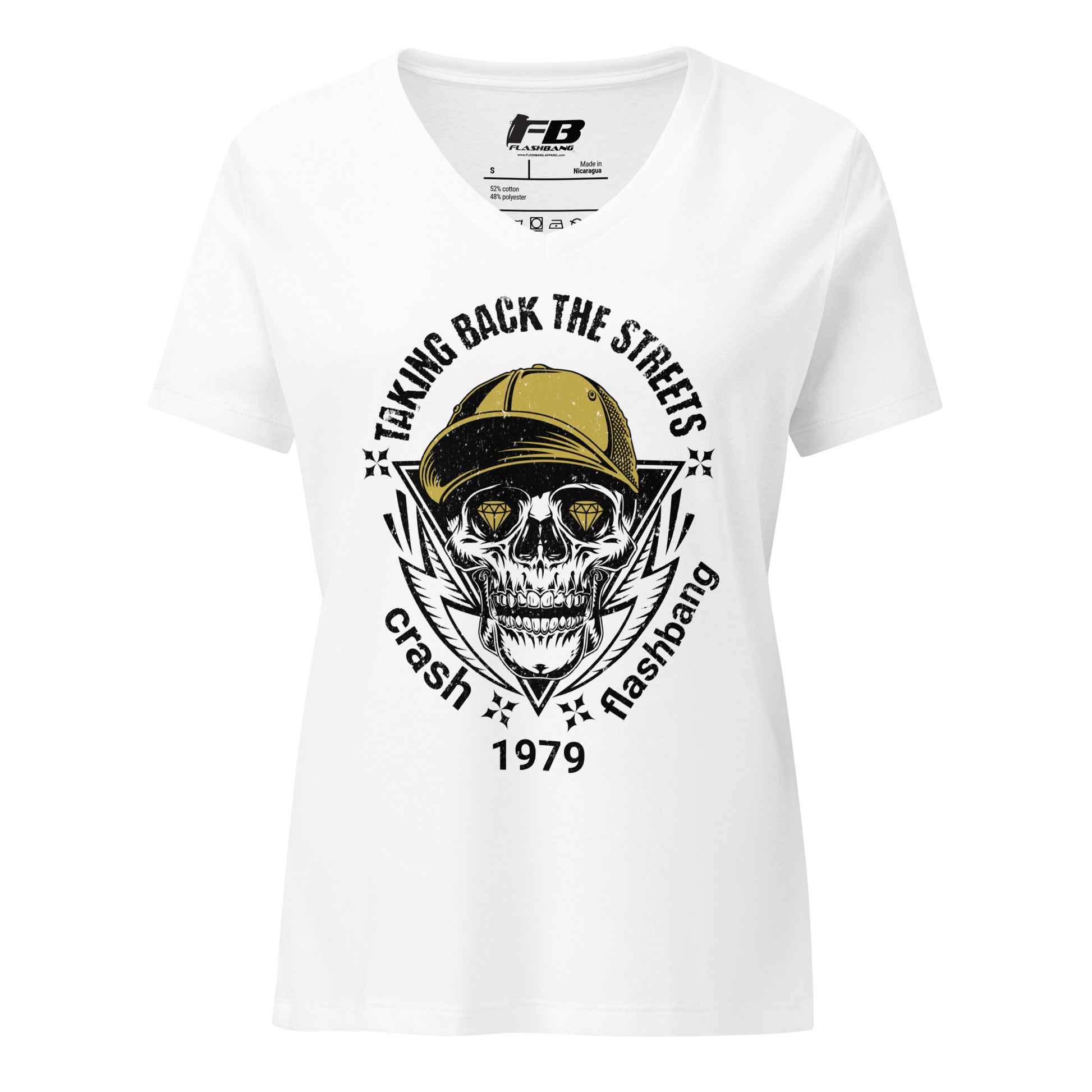 White t-shirt with skull and cap graphic and text on a white background