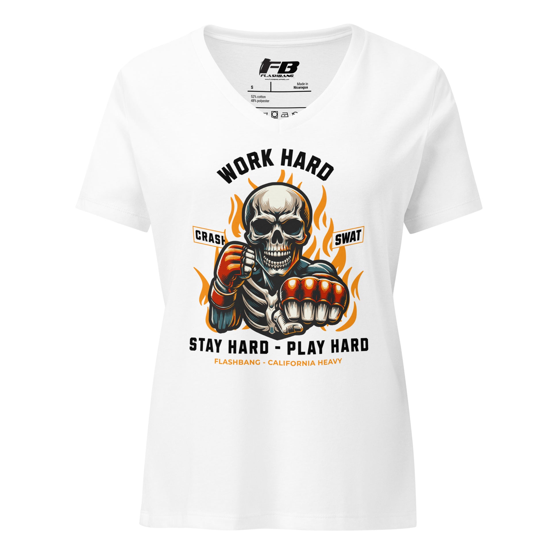 White t-shirt with a graphic design featuring a skull and text on a white background
