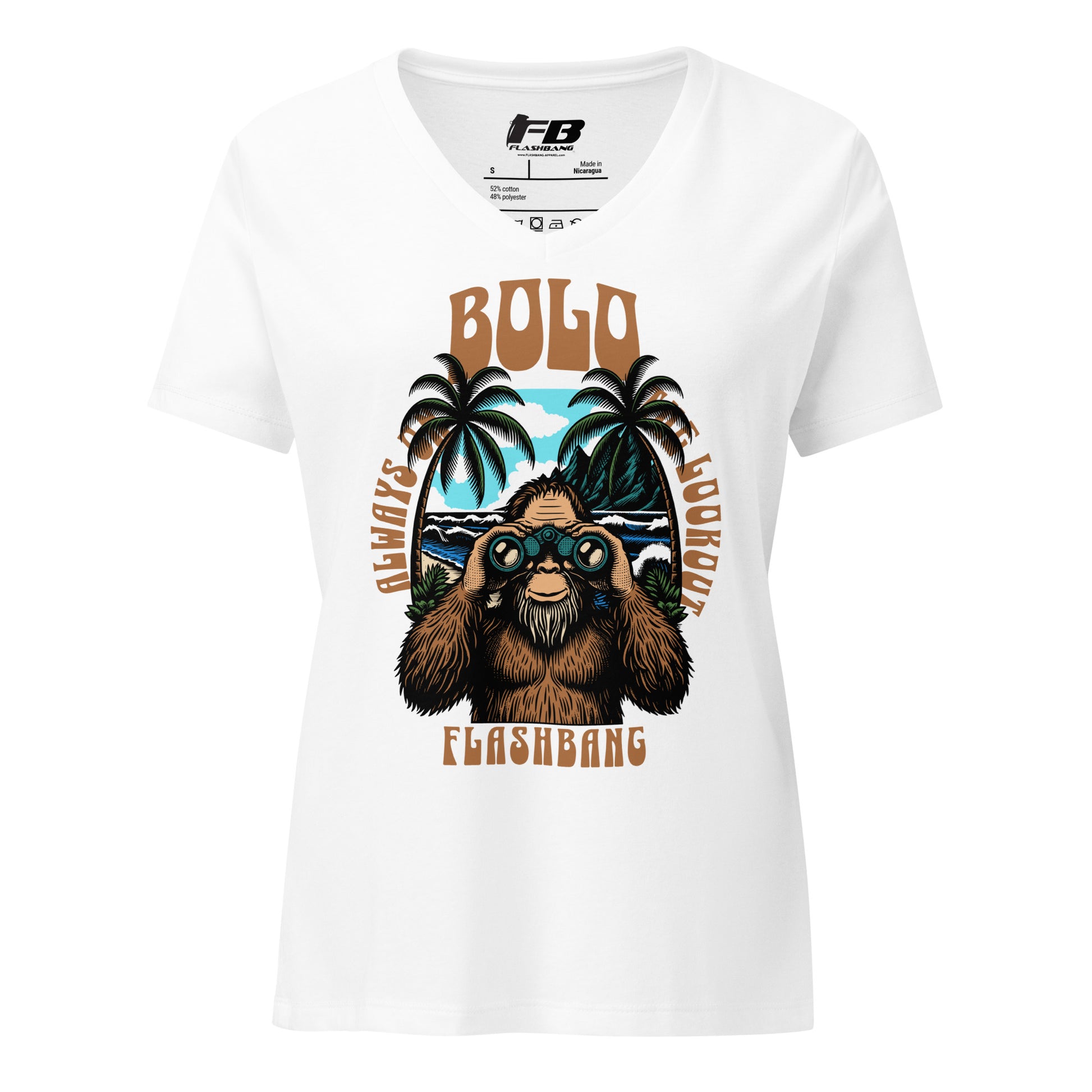 White t-shirt with a graphic of a bear wearing sunglasses and palm trees, featuring the text 'Bolo Always Flashbang'.