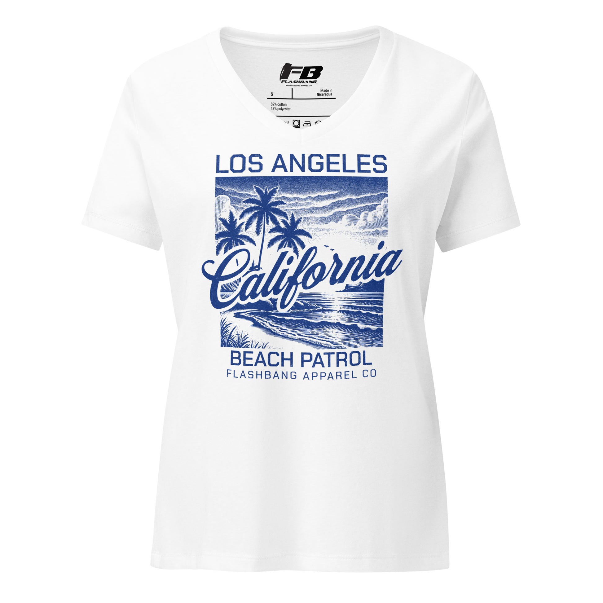 White t-shirt with 'Los Angeles California Beach Patrol' design and Flashbang Apparel Co logo.