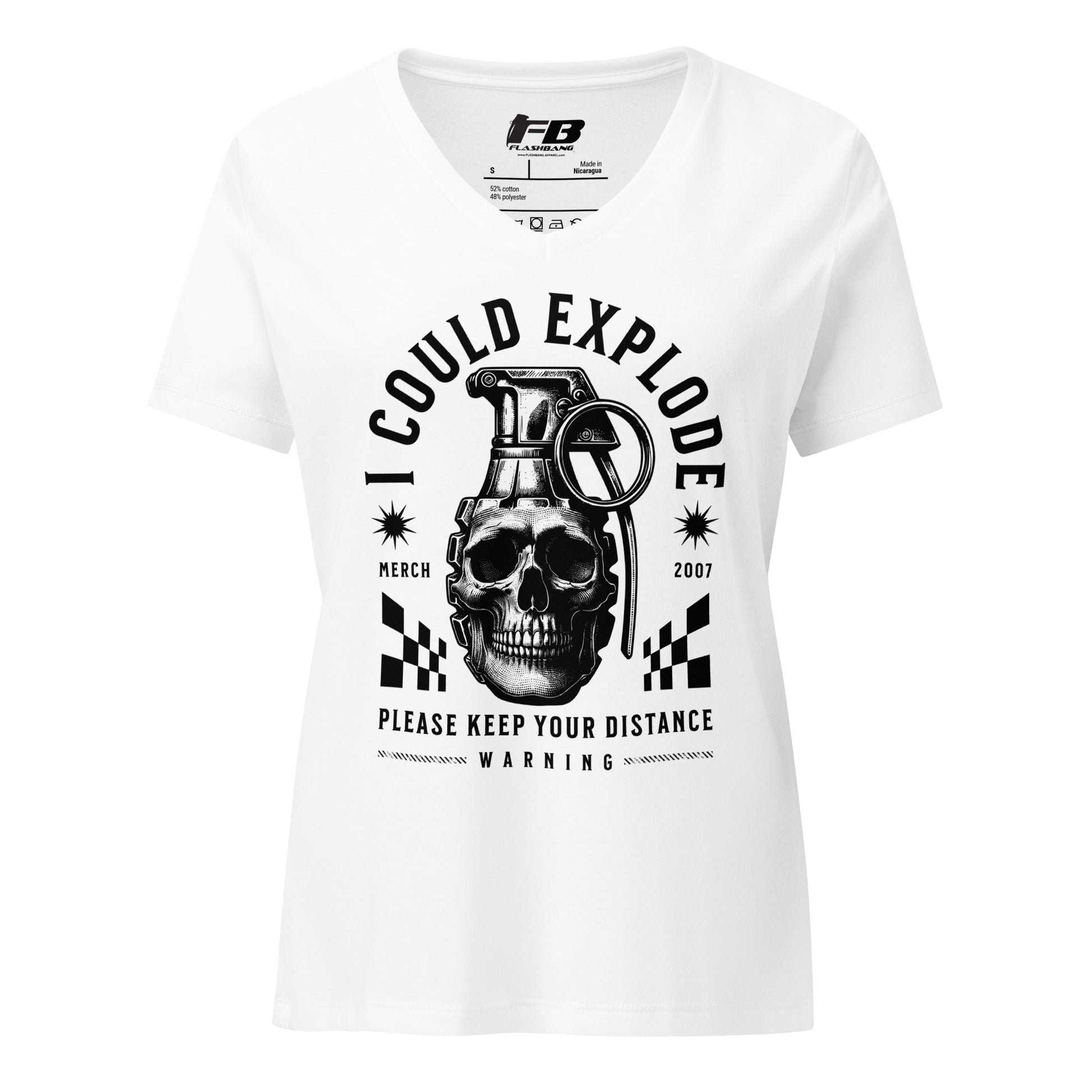 White t-shirt with black graphic design featuring a skull and grenade on a white background