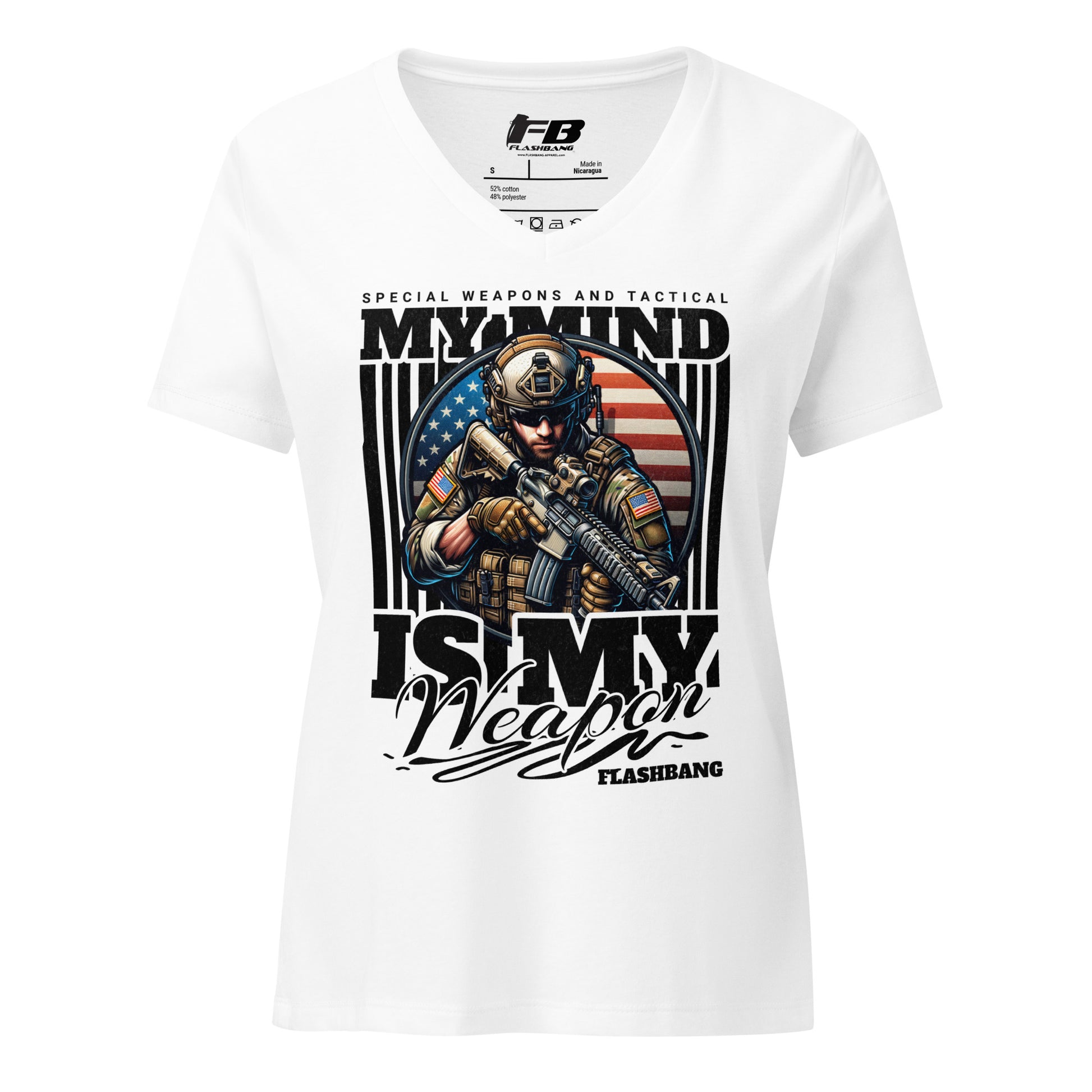 White t-shirt with graphic design featuring a soldier and text on a white background