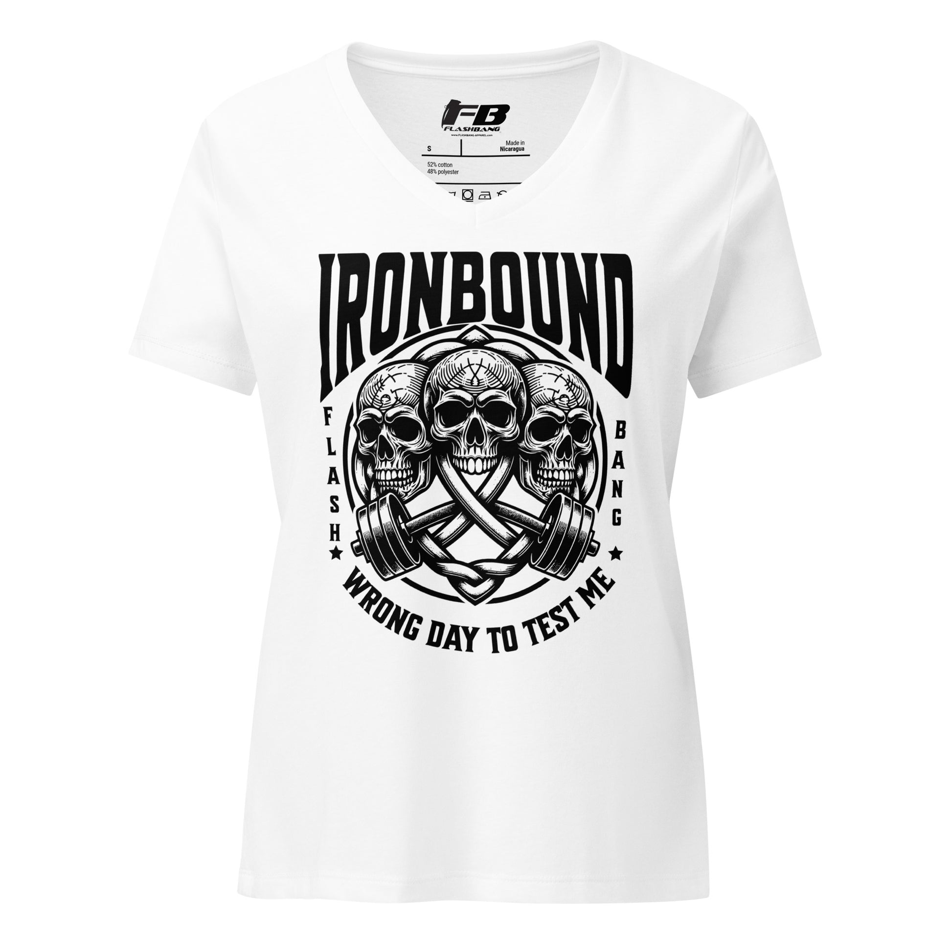 White t-shirt with black graphic design featuring skulls and text on a white background