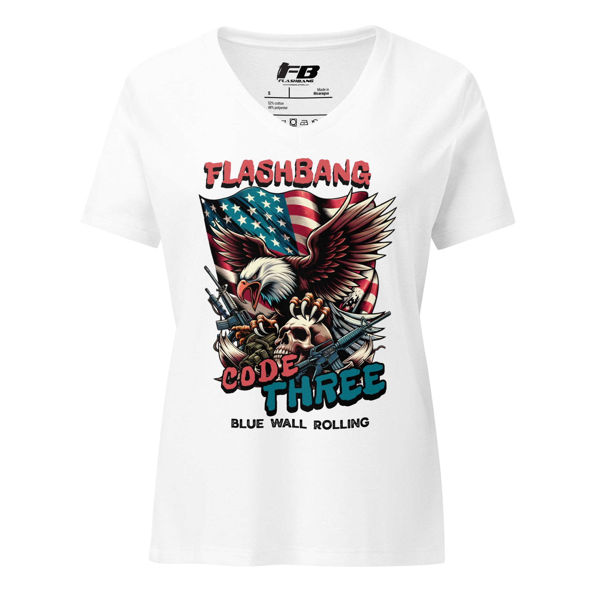 White t-shirt with 'Flashbang Code Three' graphic design featuring an eagle, American flag, and skull.