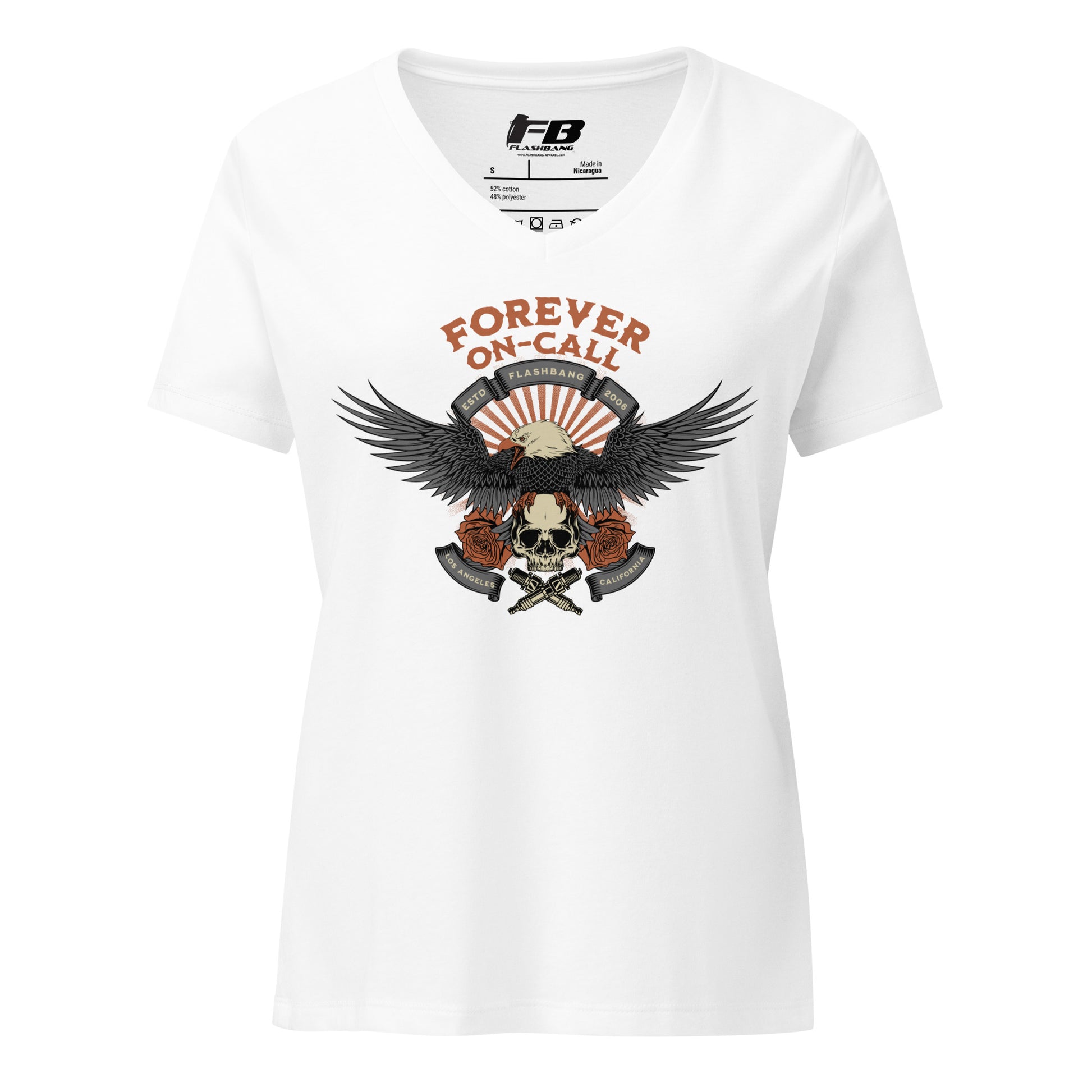 White t-shirt with eagle and skull design and 'FB' logo on a white background