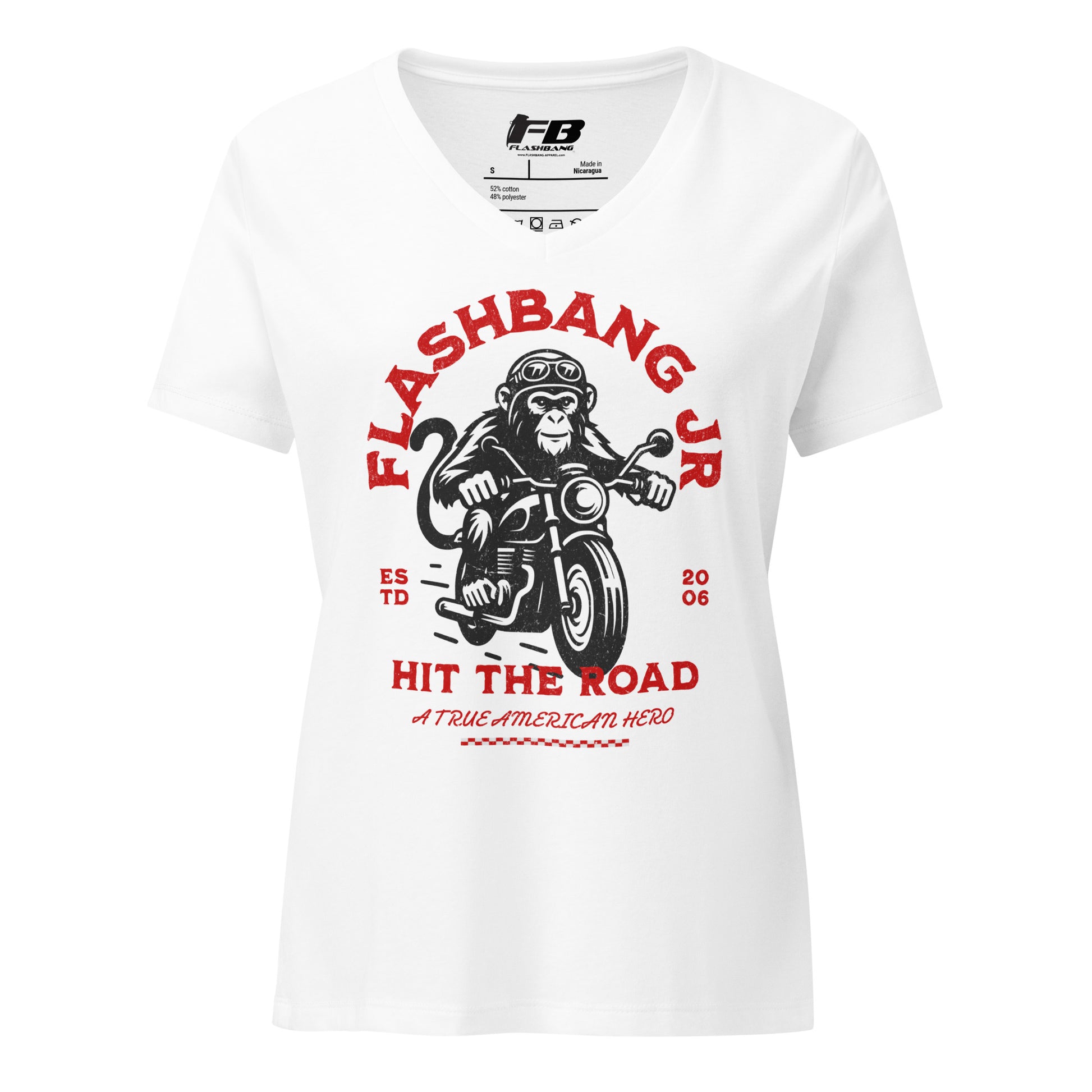 White t-shirt with monkey on a motorcycle graphic and 'Flashbang Jr' text on a white background