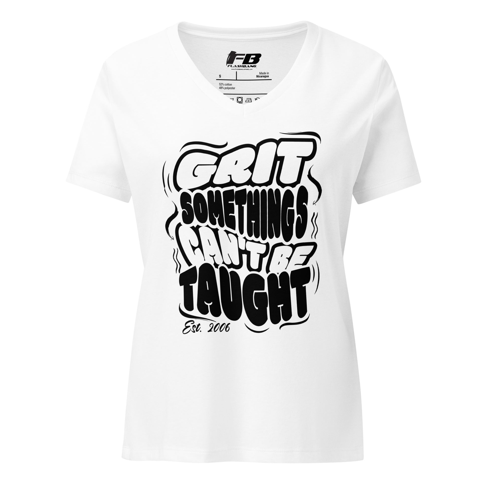 White t-shirt with black text and logo on a white background