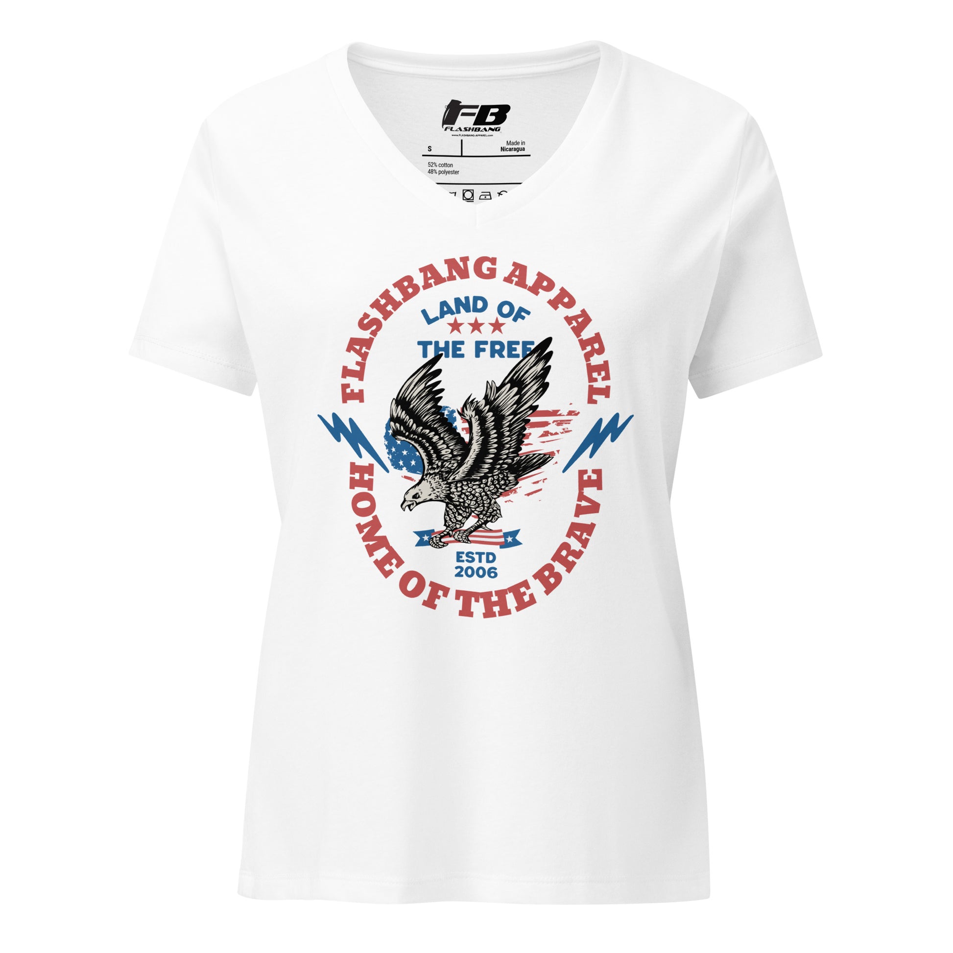 White t-shirt with eagle graphic and text on a white background