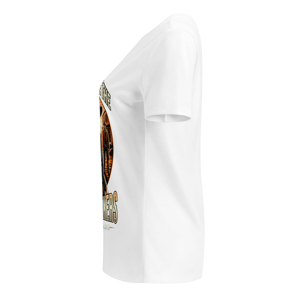 White t-shirt with a graphic design on the sleeve against a white background