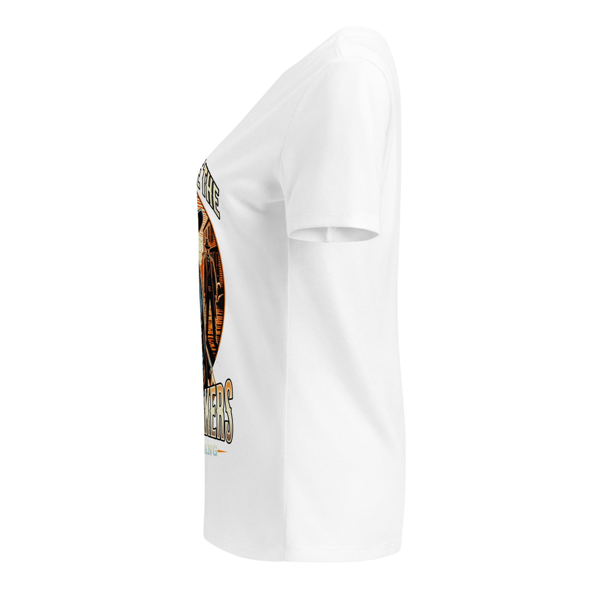 White t-shirt with a graphic design on the sleeve against a white background
