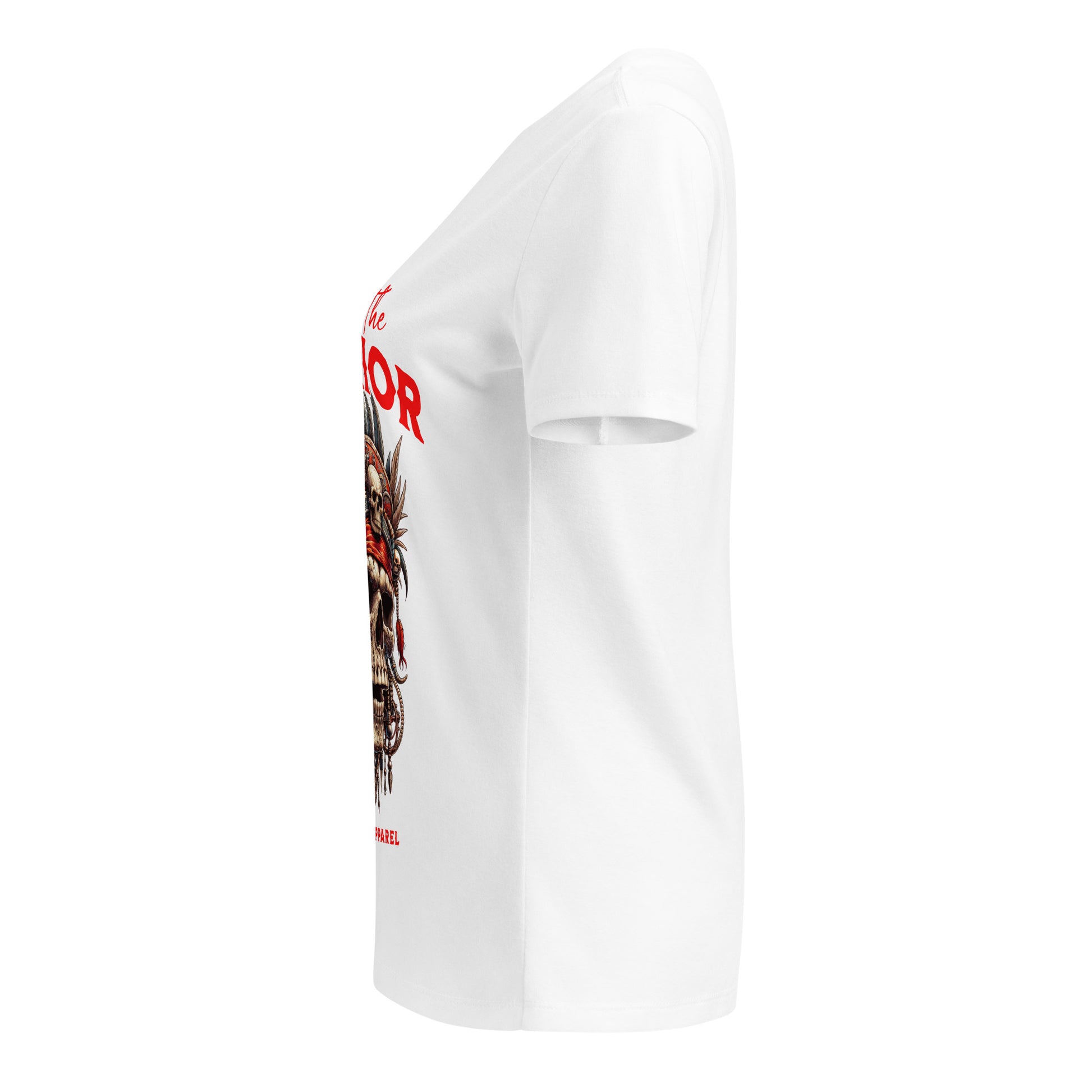 White t-shirt with a graphic design on the sleeve against a white background