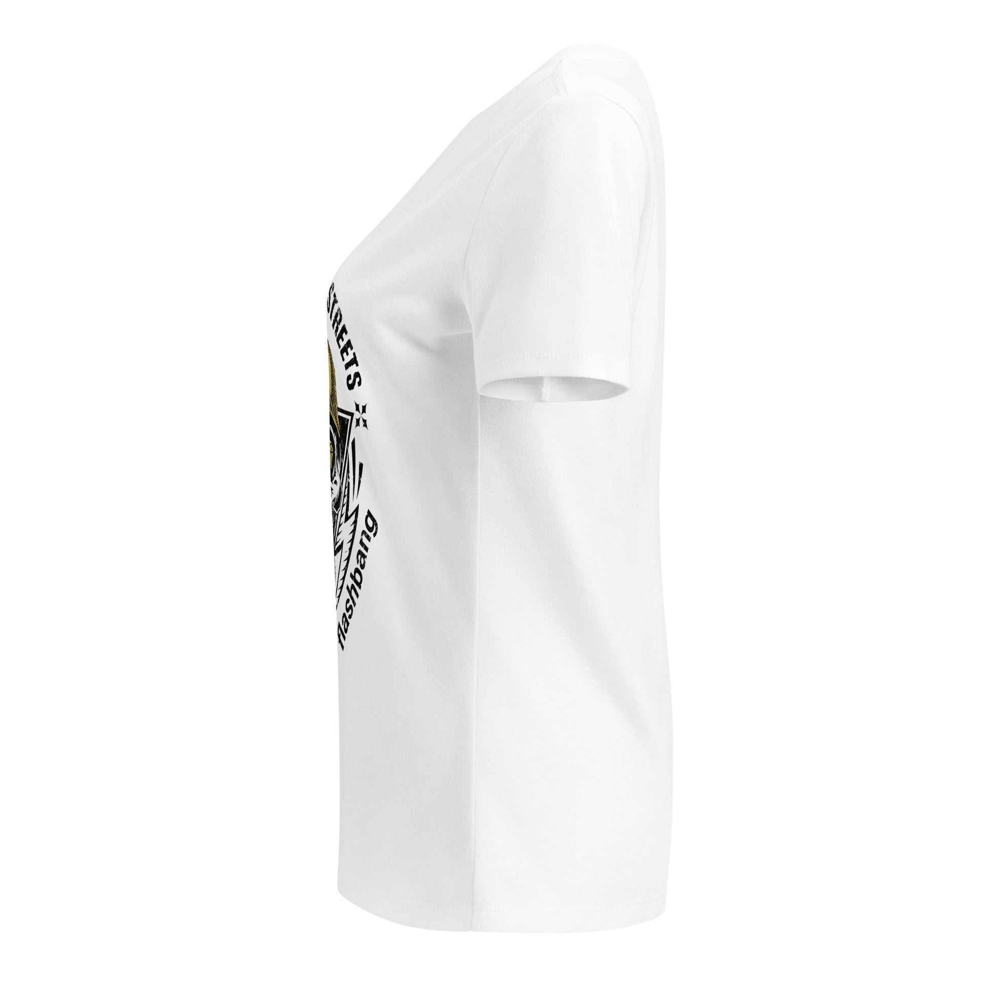 White t-shirt with a logo on the sleeve against a white background