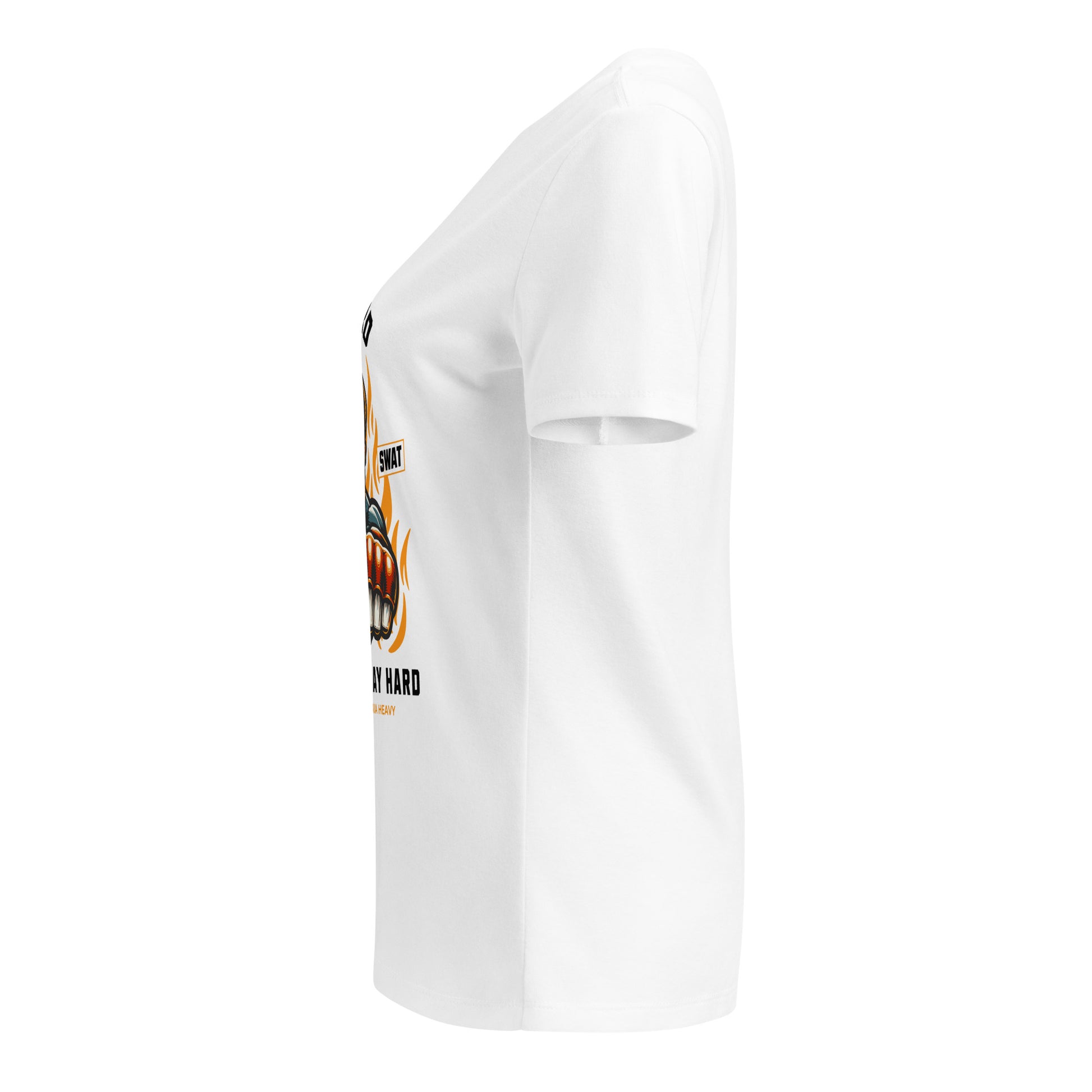 White t-shirt with a graphic design on the sleeve against a white background