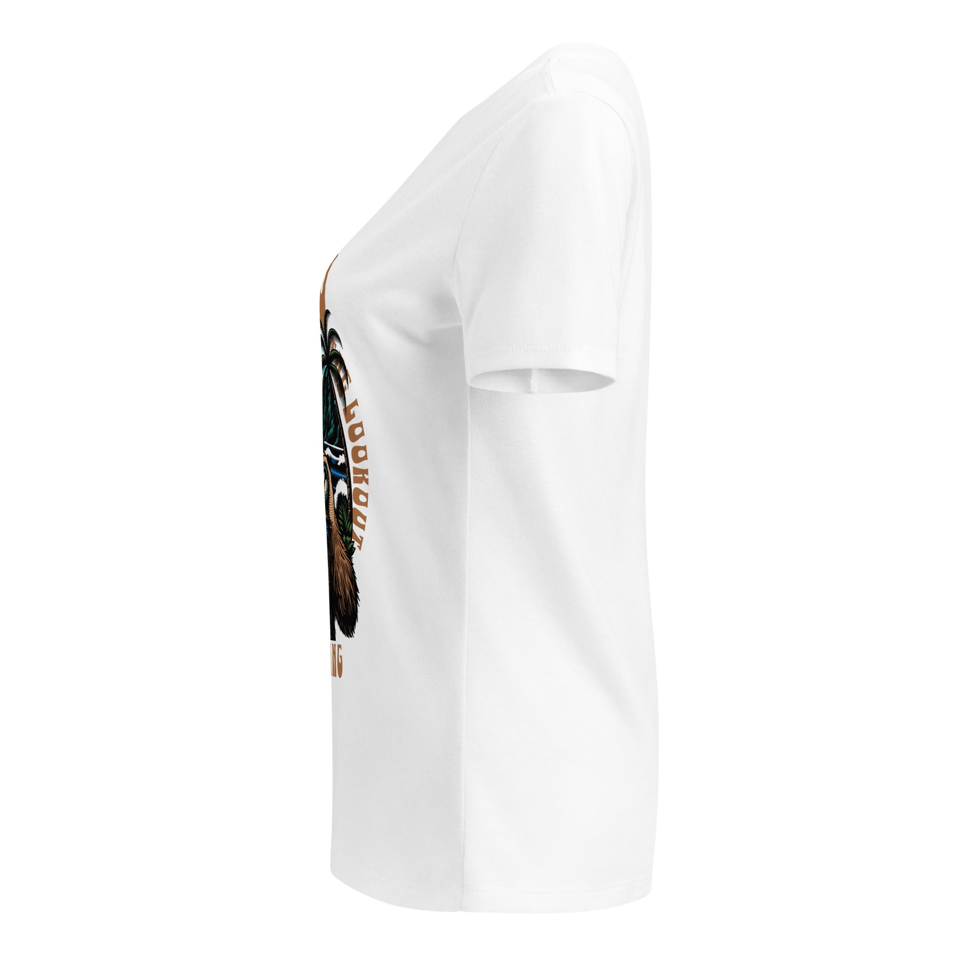 White t-shirt with a graphic design on the sleeve against a white background