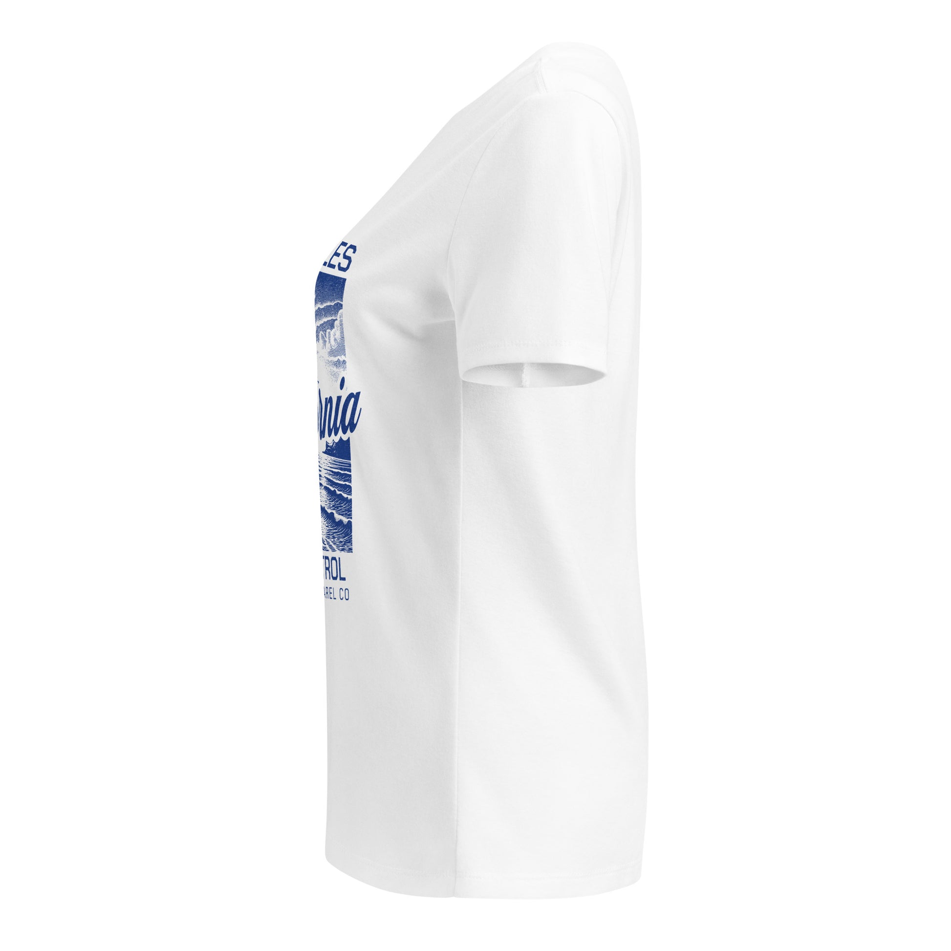 White t-shirt with blue graphic on sleeve against a white background