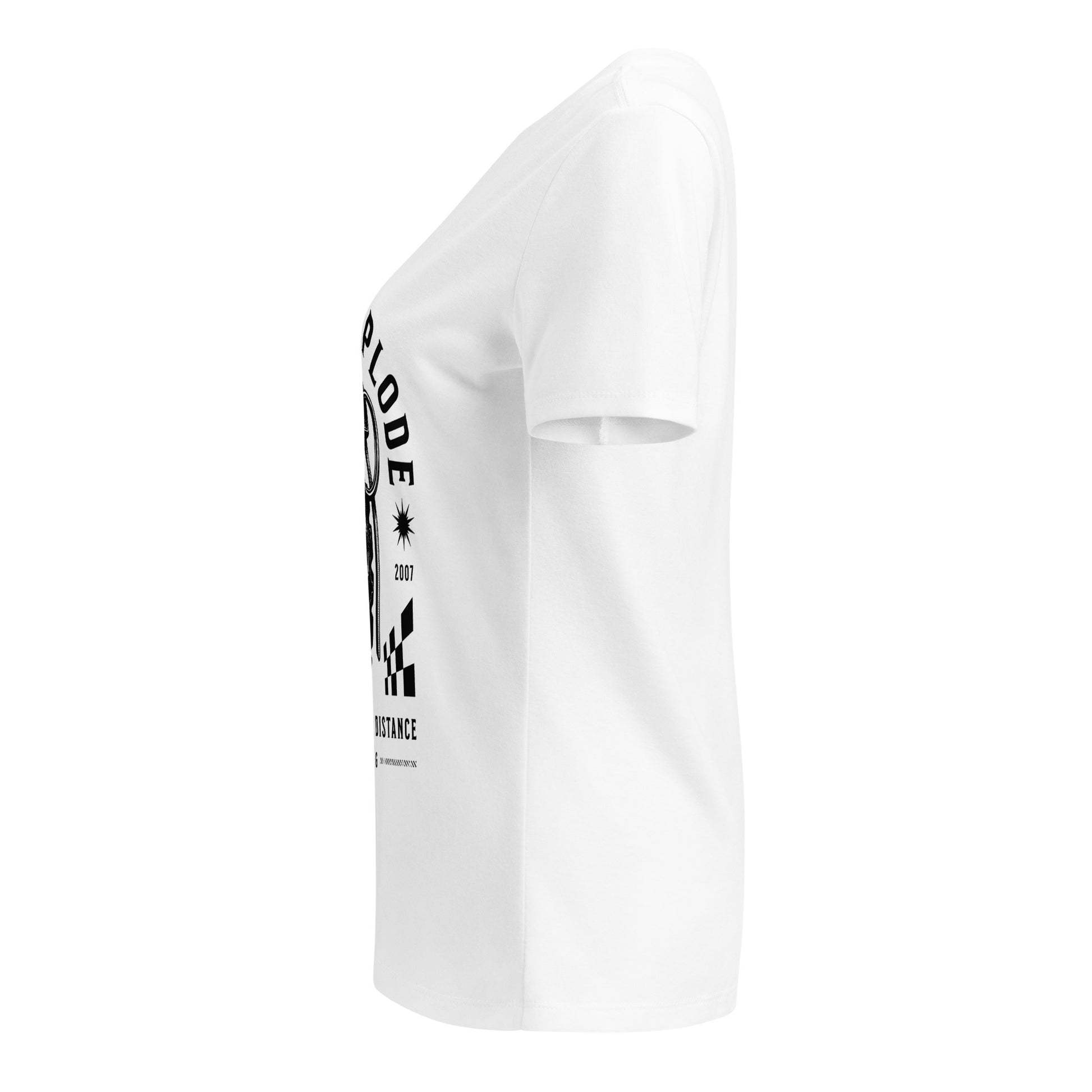 White t-shirt with black graphic design on a white background