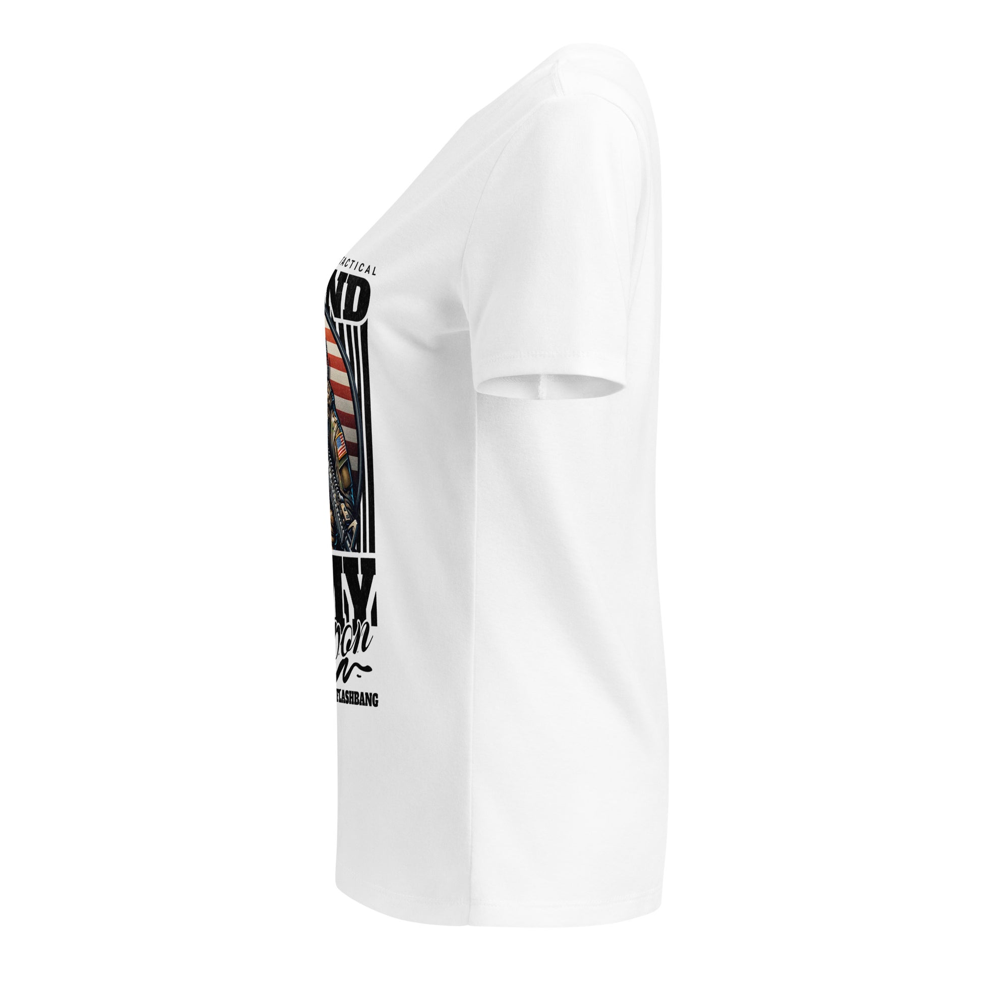 White t-shirt with black graphic design on sleeve against a white background