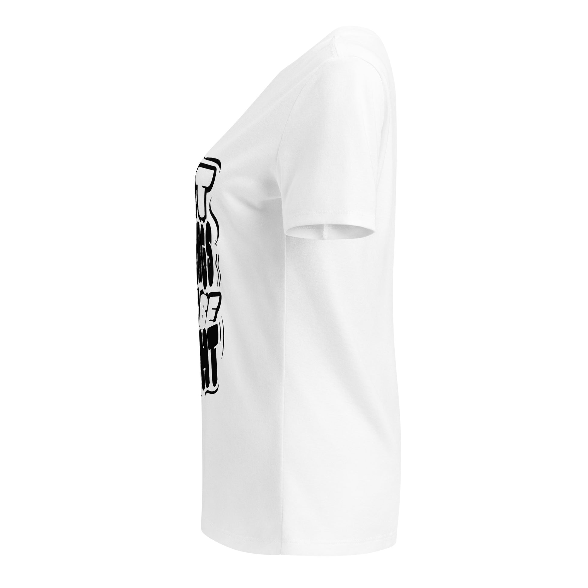 White t-shirt with black graphic design on sleeve against a white background