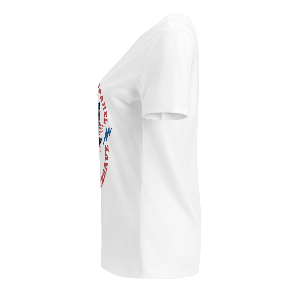 White t-shirt with a logo on the sleeve against a white background