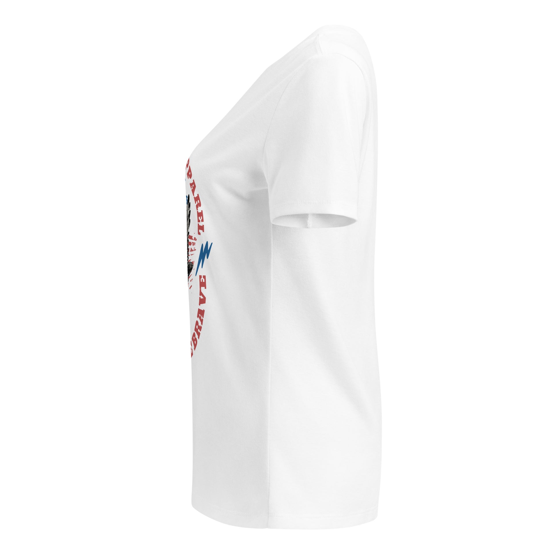White t-shirt with a logo on the sleeve against a white background
