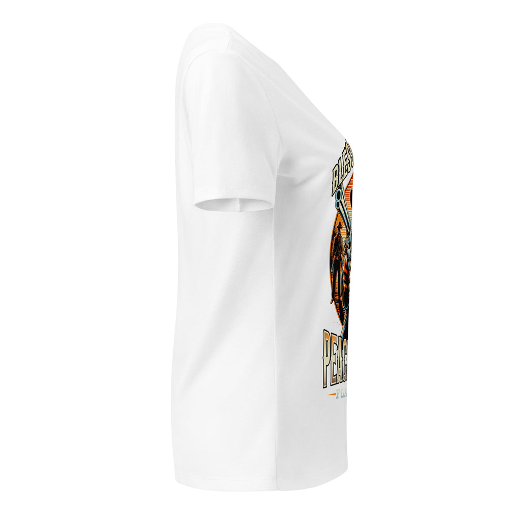 White t-shirt with a graphic design on the sleeve against a white background