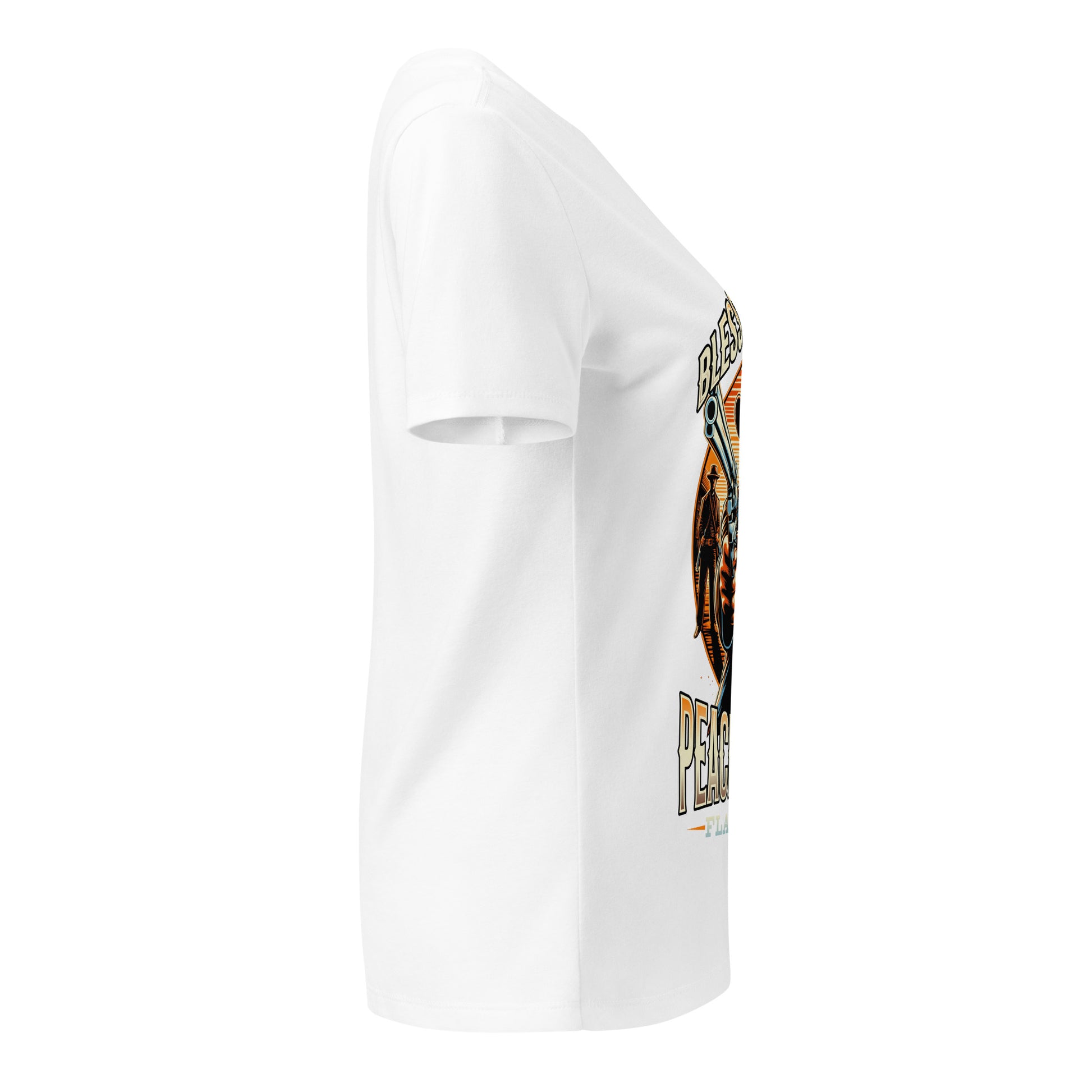 White t-shirt with a graphic design on the sleeve against a white background