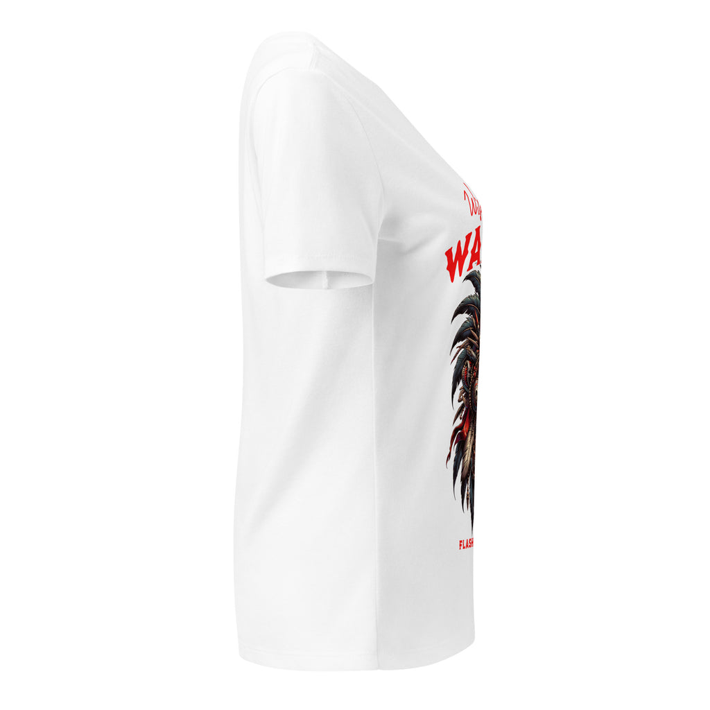 White t-shirt with a graphic design on the sleeve against a white background