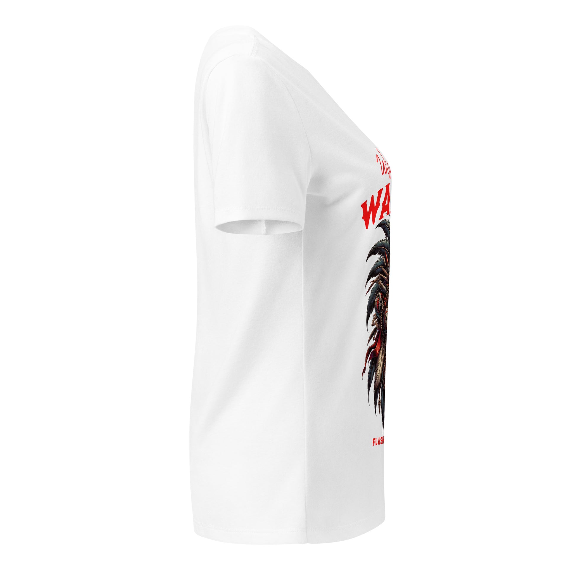White t-shirt with a graphic design on the sleeve against a white background