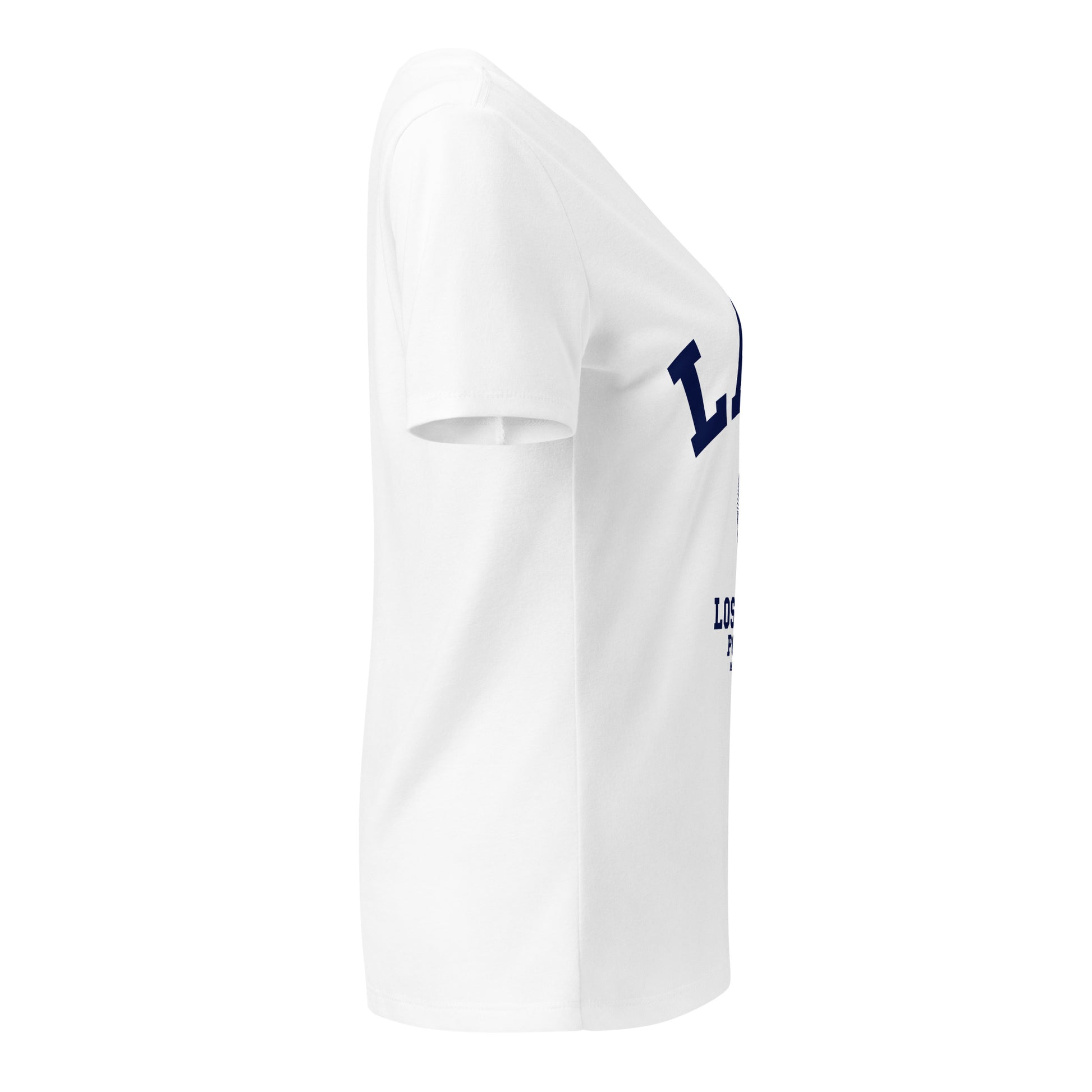 White t-shirt with a blue logo on the sleeve against a white background