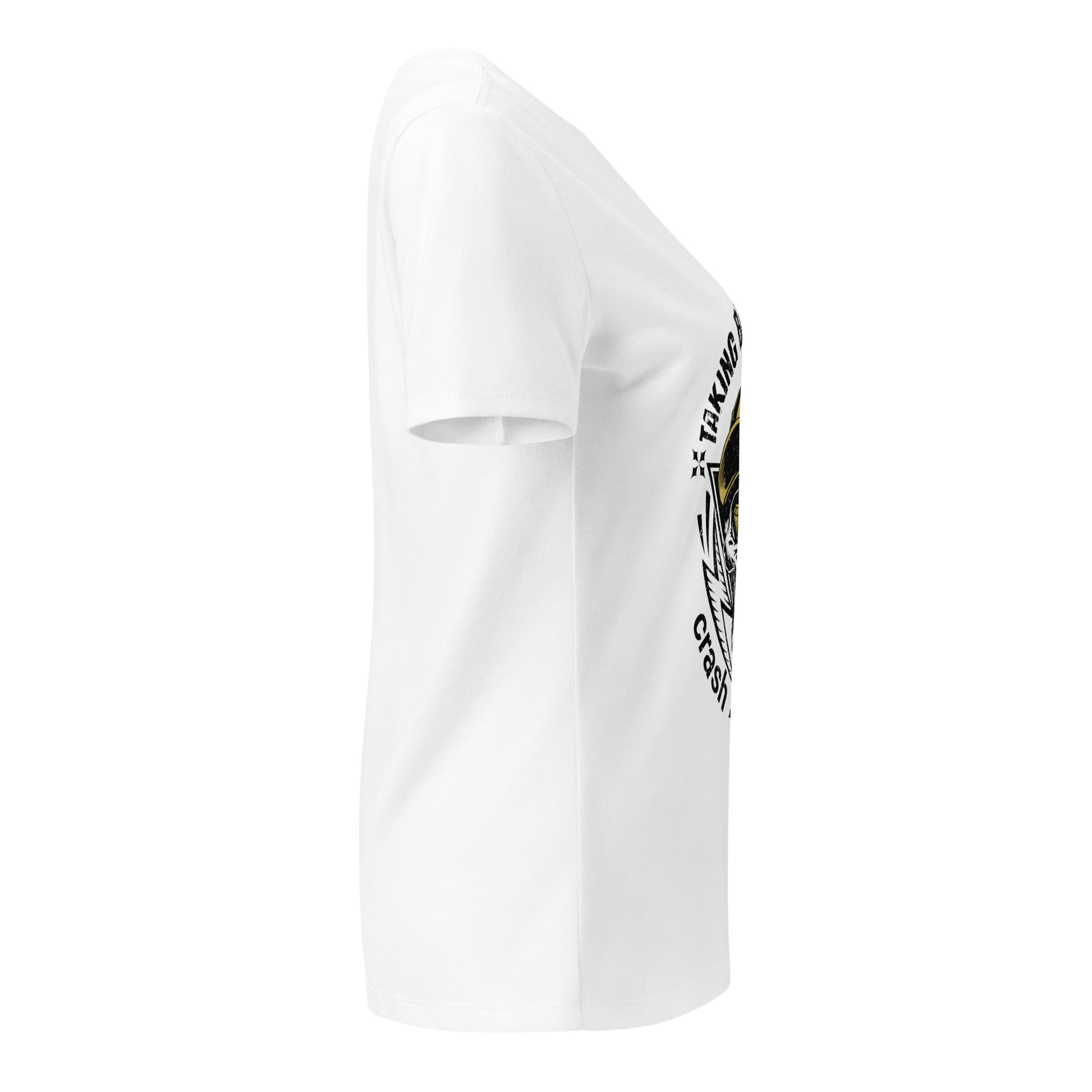 White t-shirt with a logo on the sleeve against a white background