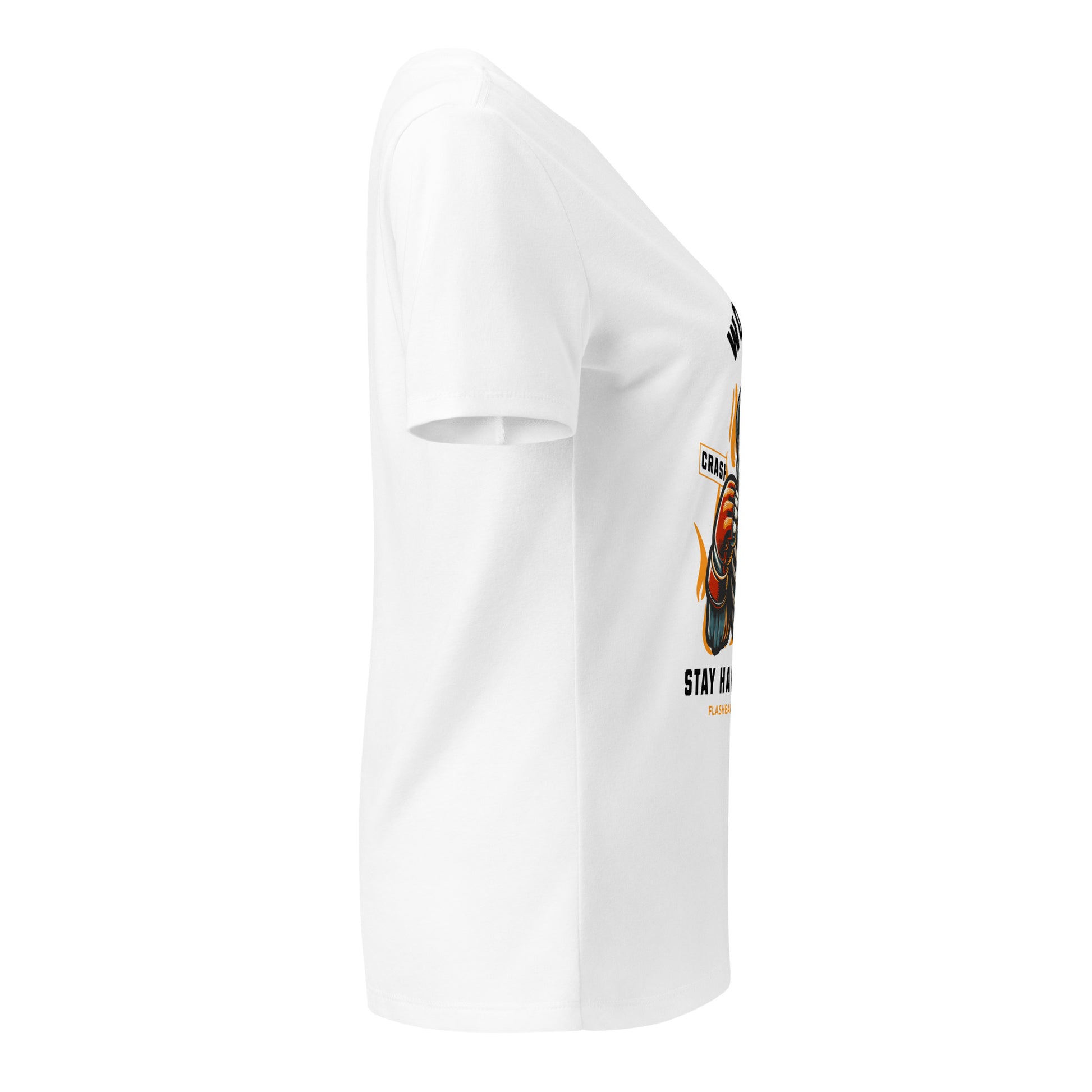 White t-shirt with a graphic design on the sleeve against a white background