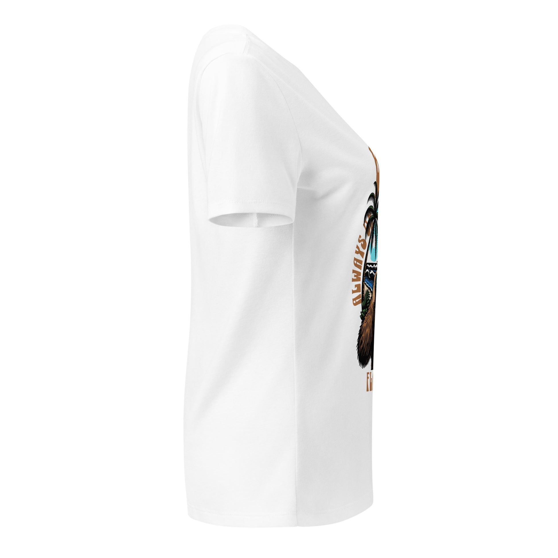 White t-shirt with a colorful feather design on a white background