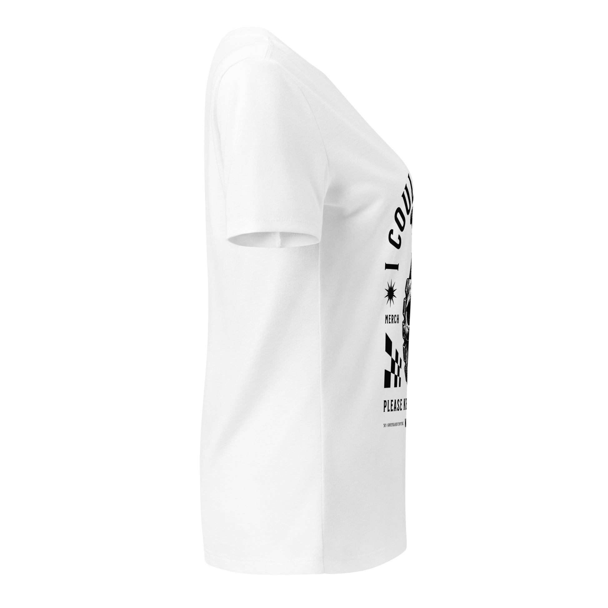 White t-shirt with black text and graphics on a white background