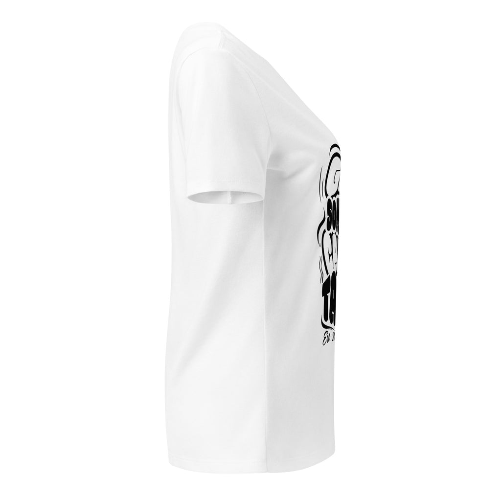 White t-shirt with a black logo on a white background
