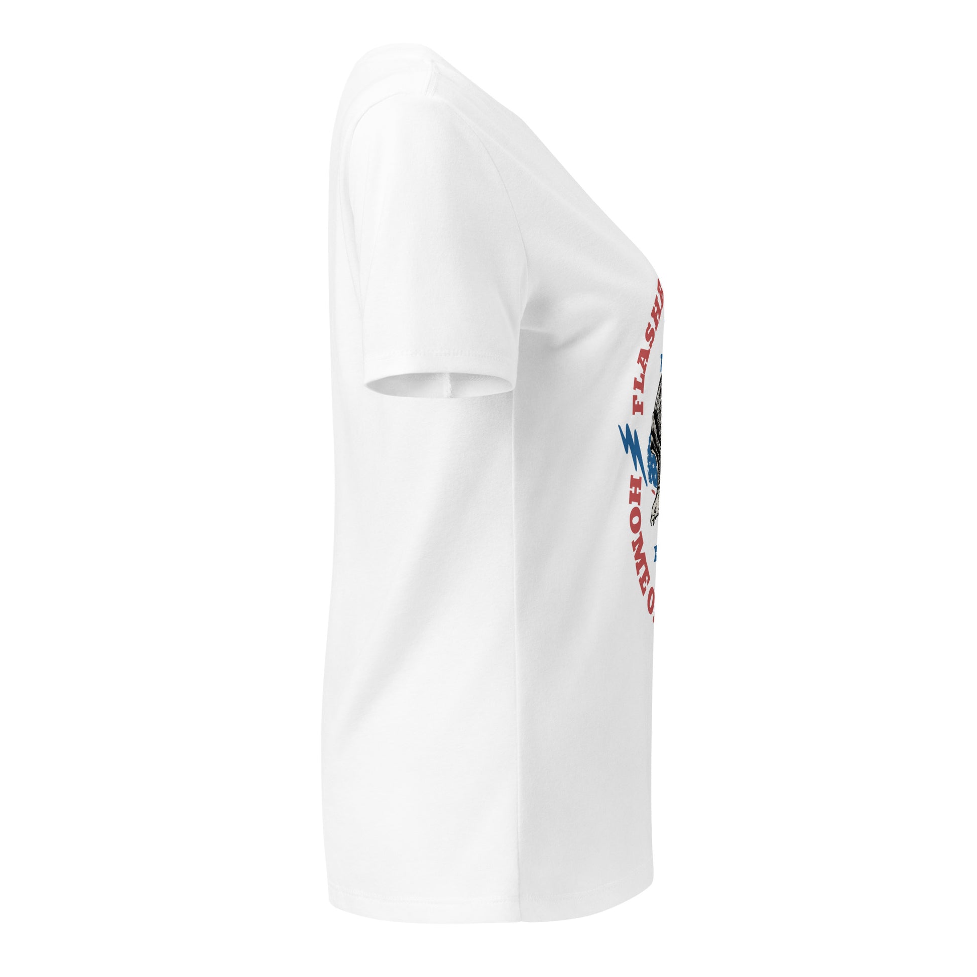 White t-shirt with colorful logo on sleeve against a white background
