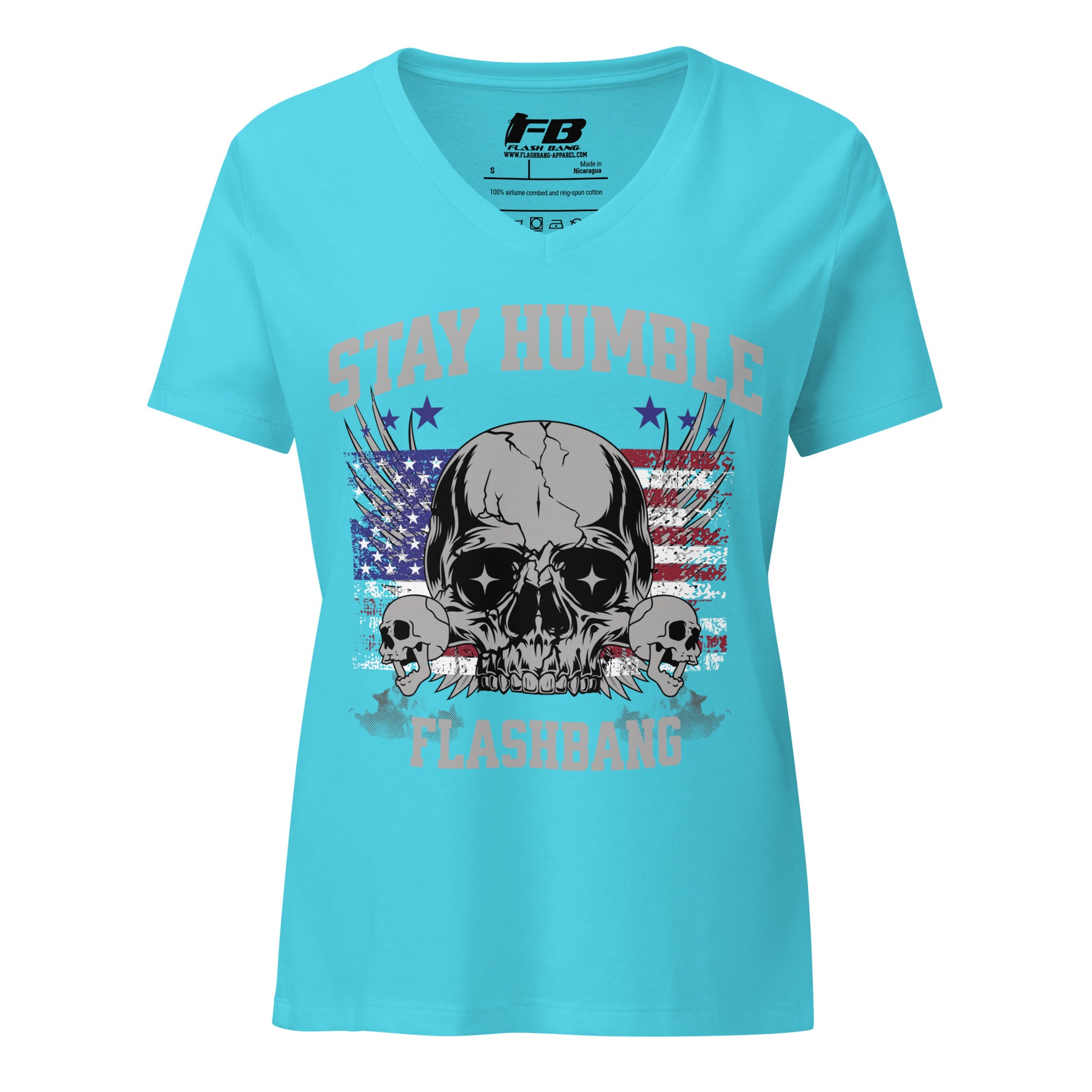 Blue t-shirt with skull design and text on a white background