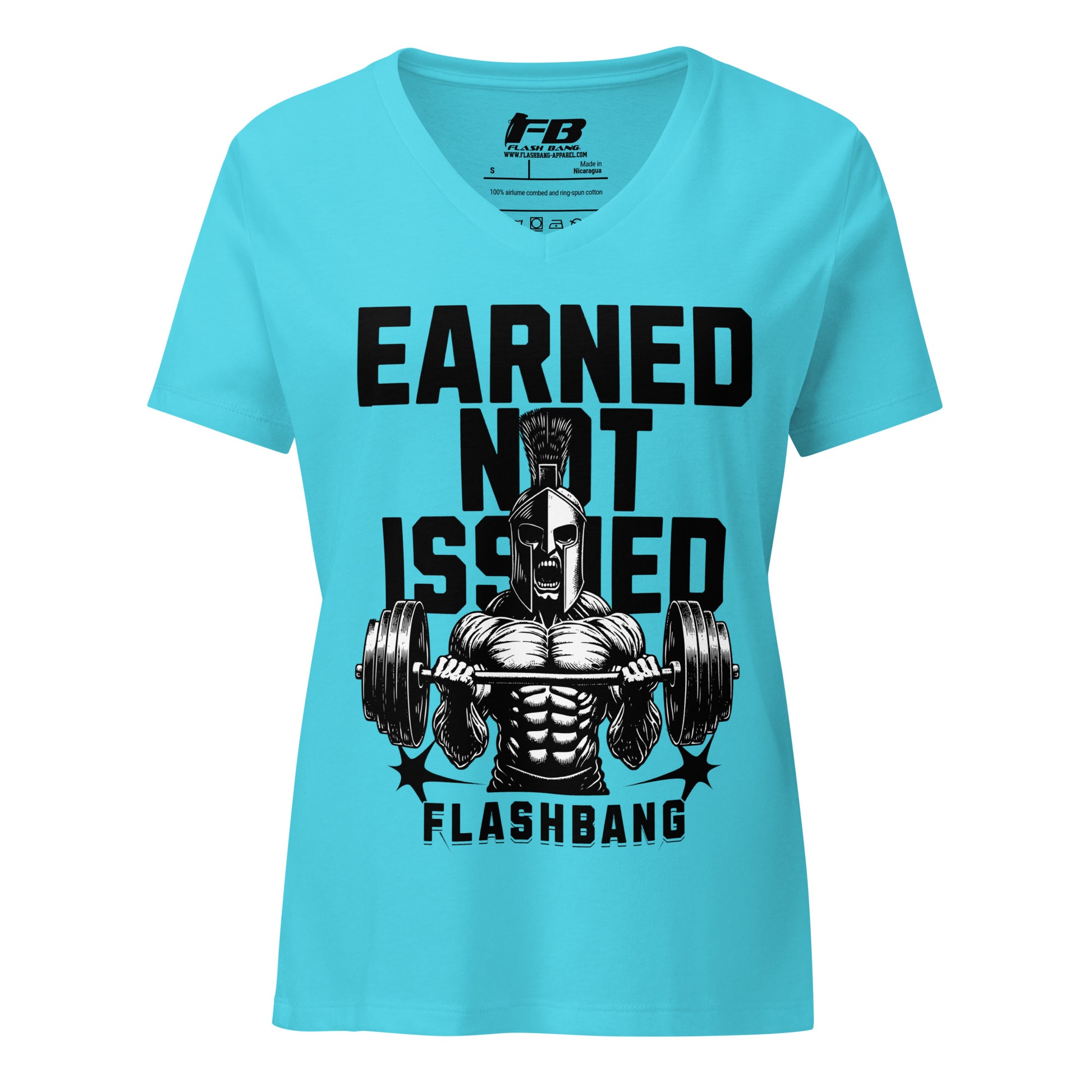 Light blue t-shirt with graphic design and text on a white background