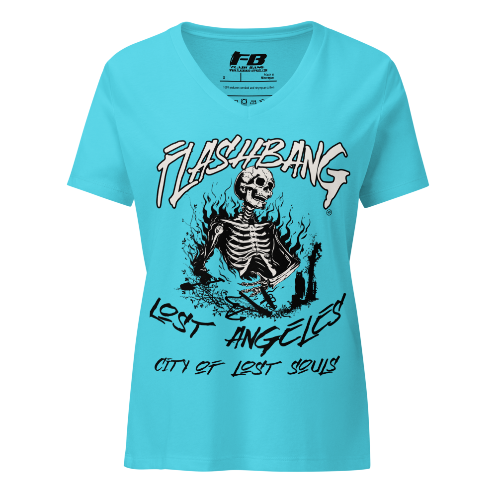 Blue t-shirt with skeleton graphic and text on a white background
