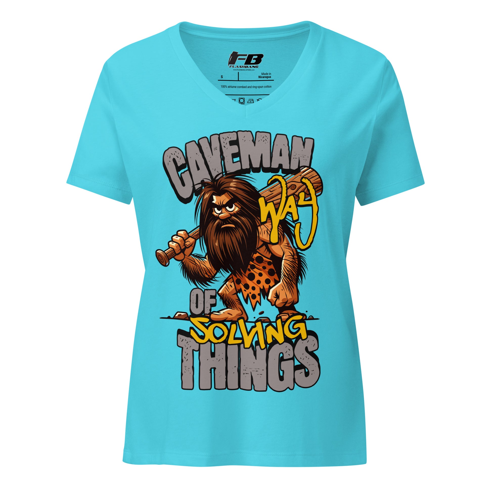 Blue t-shirt with a caveman graphic and text on a white background