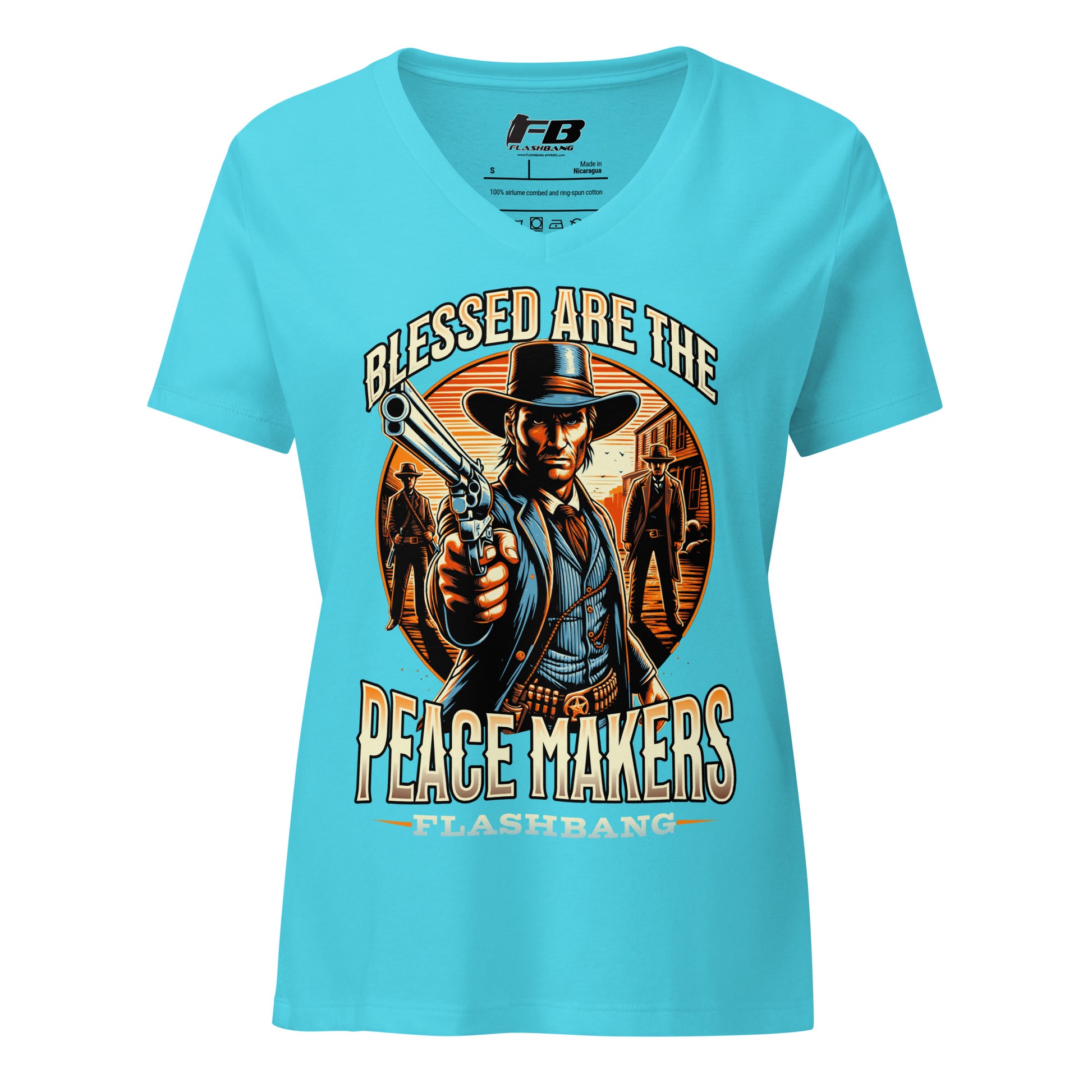 Blue t-shirt with a graphic design of a cowboy holding a gun and text 'Blessed are the Peace Makers' on a white background.