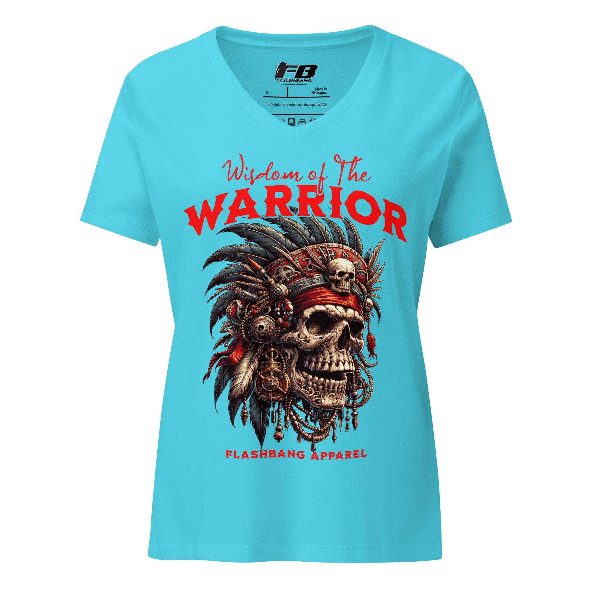 Blue t-shirt with warrior skull design and 'Flashbang Apparel' branding on a white background