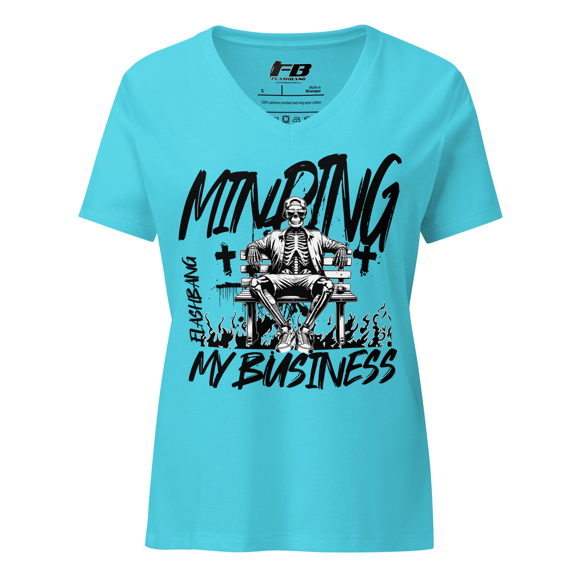 Blue t-shirt with skeleton graphic and text on a white background
