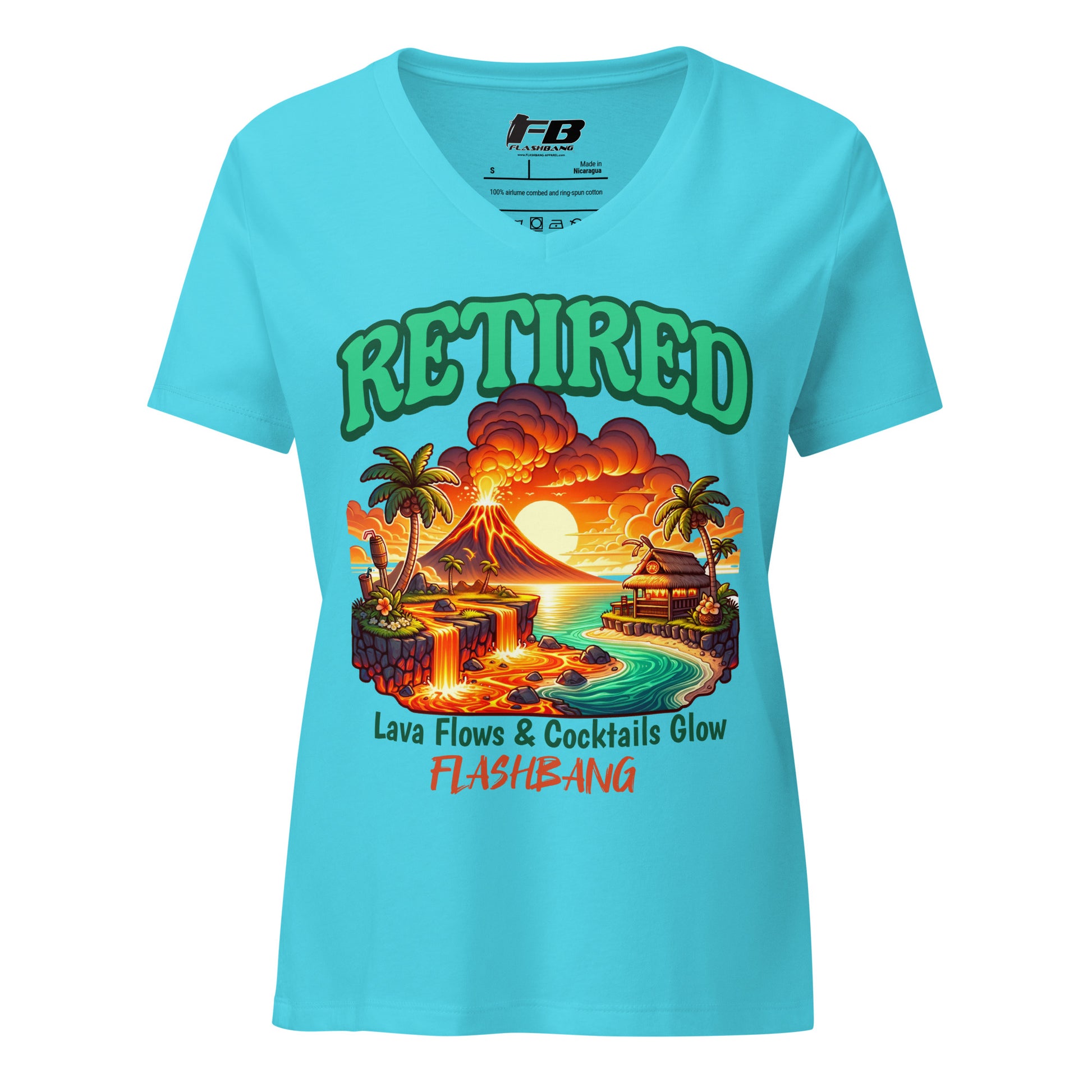 Blue t-shirt with a tropical design and 'RETired' text on a white background