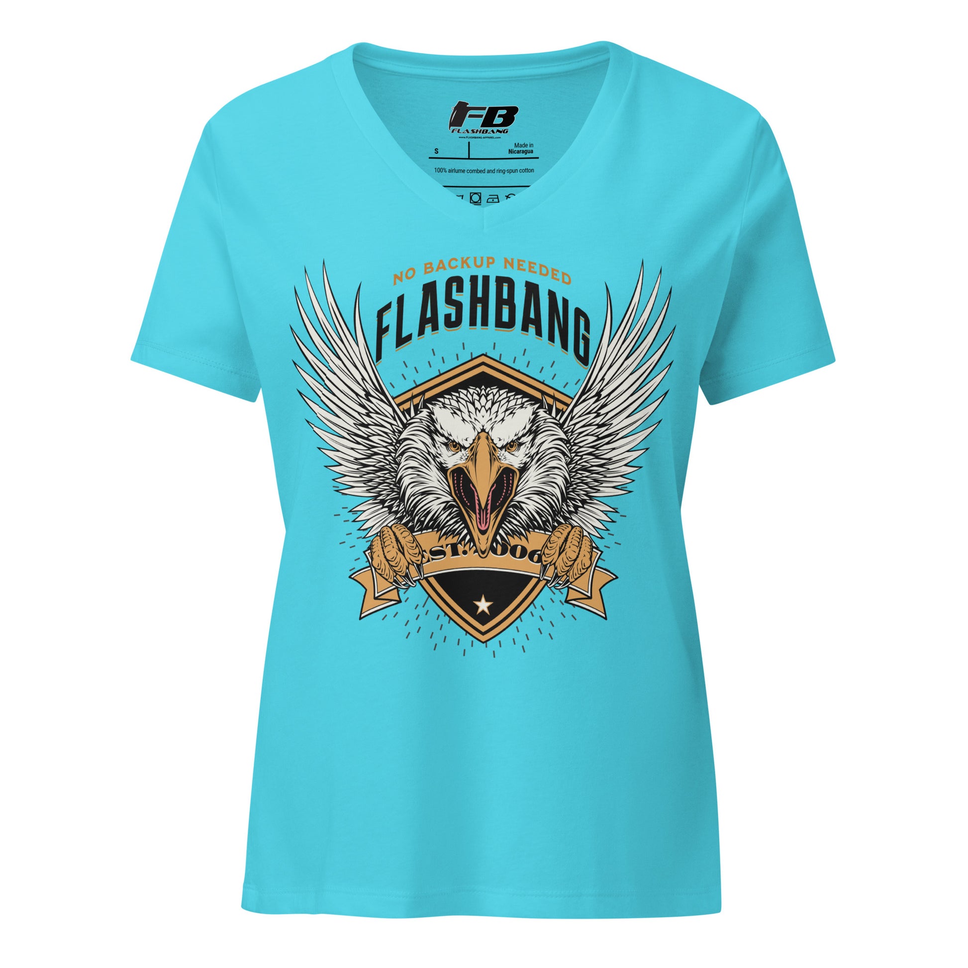 Blue t-shirt with an eagle graphic and 'Flashbang' text on a white background