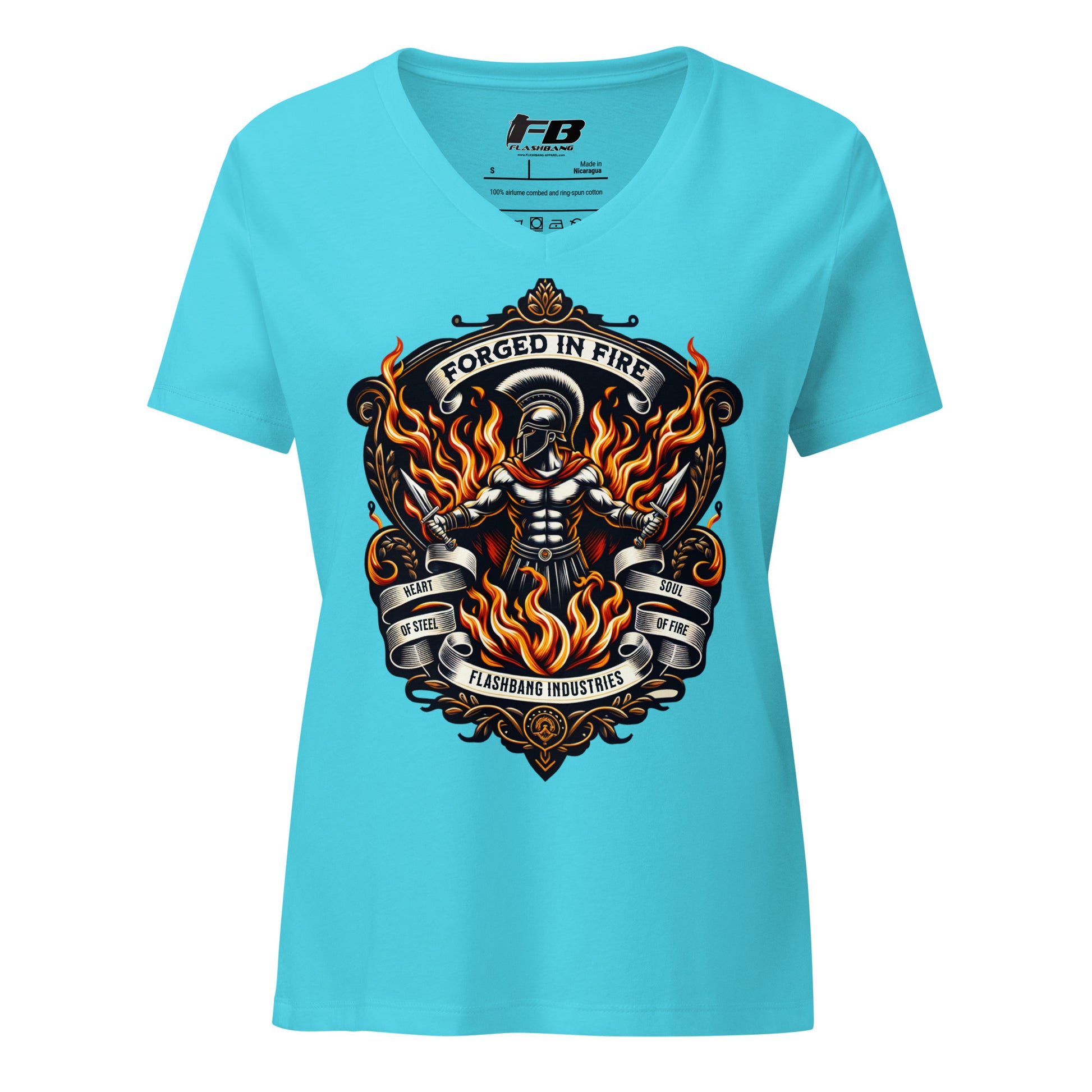 Blue t-shirt with a graphic design featuring flames and text on a white background