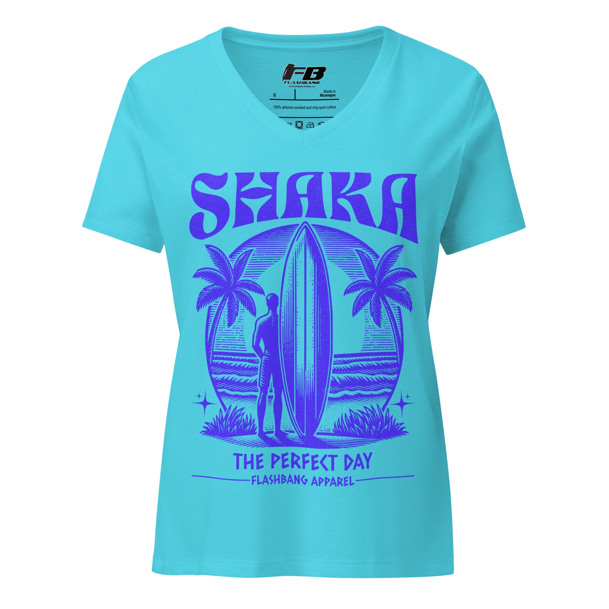 Blue t-shirt with 'Shaka The Perfect Day' design and Flashbang Apparel logo.