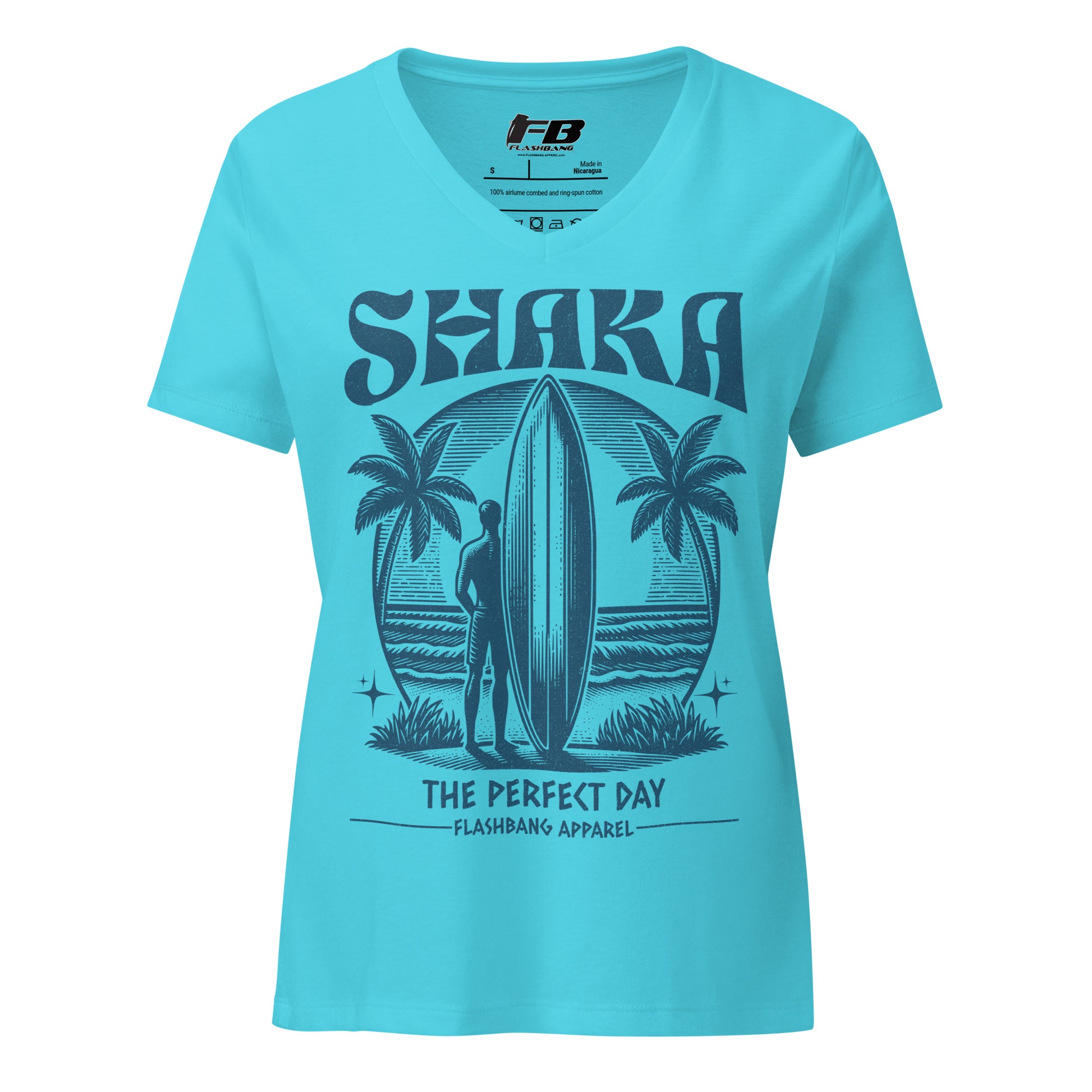 Blue t-shirt with 'Shaka The Perfect Day' design and Flashbang Apparel logo.