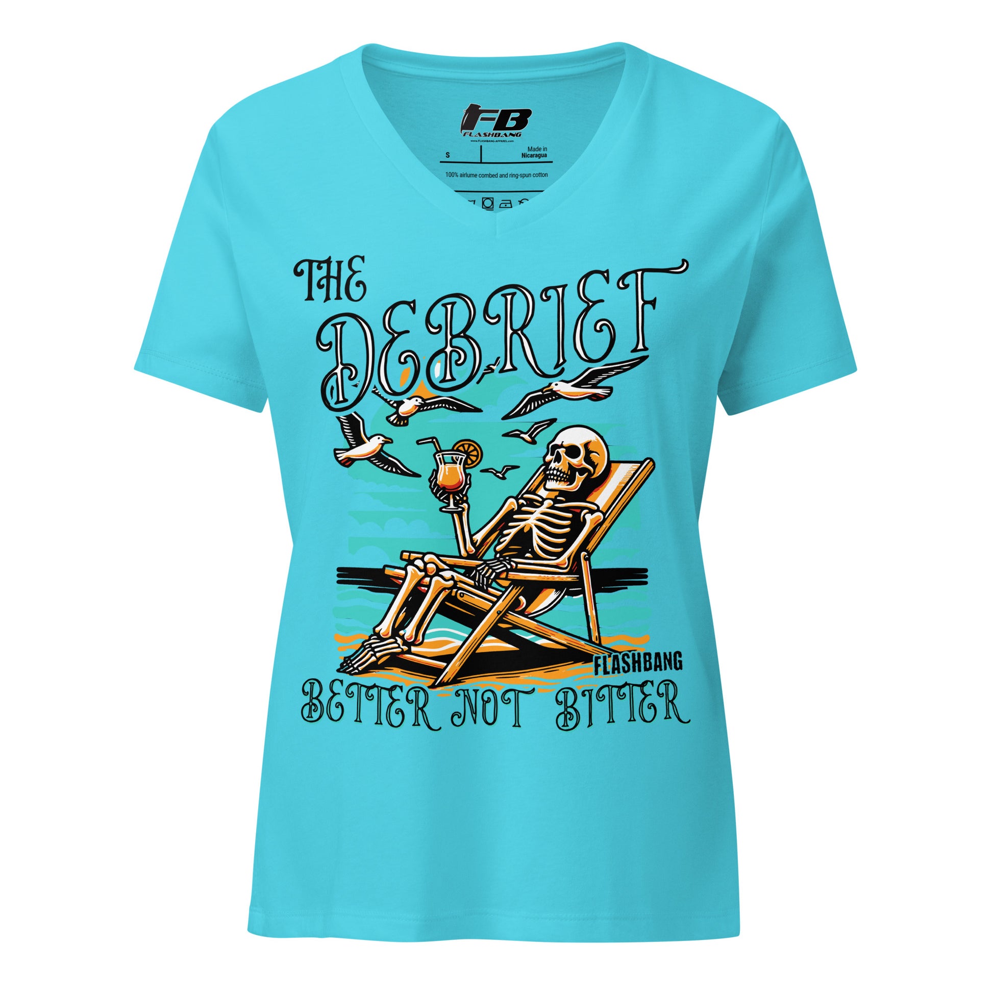 Blue t-shirt with skeleton design and text on a white background